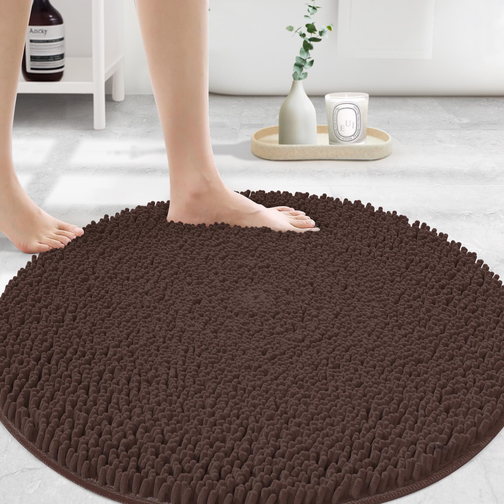 MAYSHINE Round Area Rug Set for Bathroom | Soft Plush Chenille Bath Mat, Water Absorbent Non-Slip Bathroom Rug | Washable Shag Carpet for Shower, Bedroom, or Home Décor | 36"x36" (Round) | White