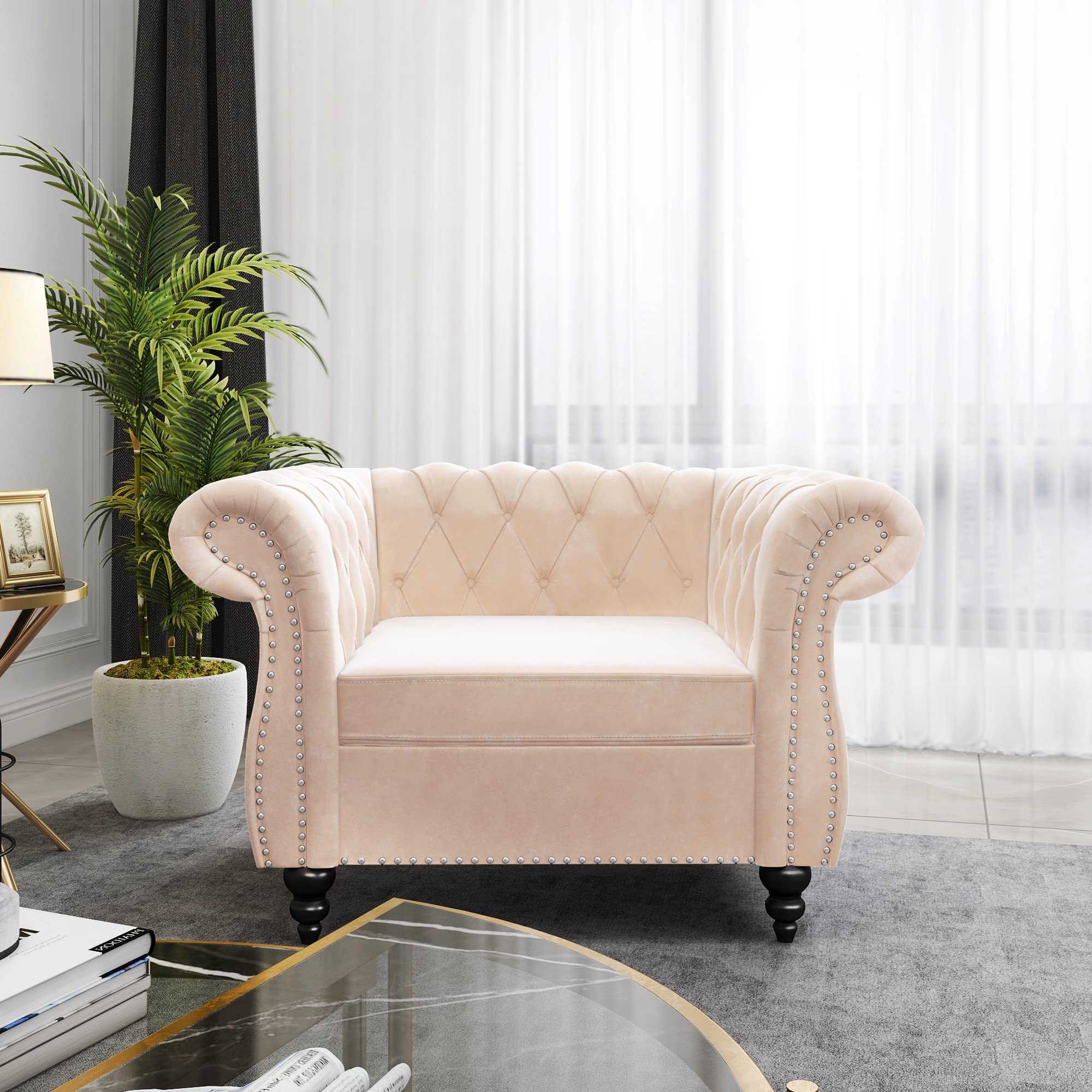 ORRD Chesterfield Loveseat, Modern Velvet Sofa Tufted Couch 2 Seater with Scroll Arms and Nailhead for Living Room, Bedroom, Office, Apartment (Beige)