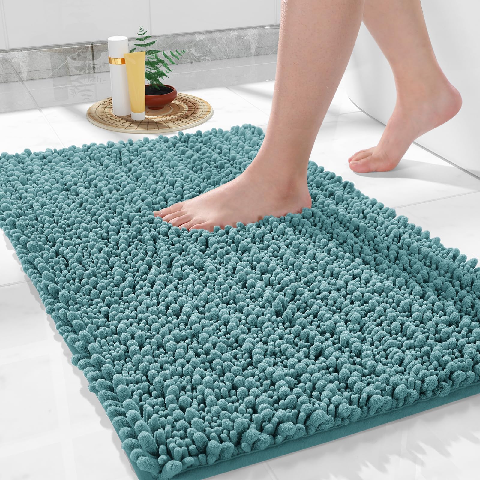 Yimobra Bathroom Rugs Non Slip Washable - Ultra Soft Absorbent Chenille Bath Mat, Quick Dry Shaggy Floor Carpet for Tub Shower, Gray Home Decor Accessories, 24x17 Inch