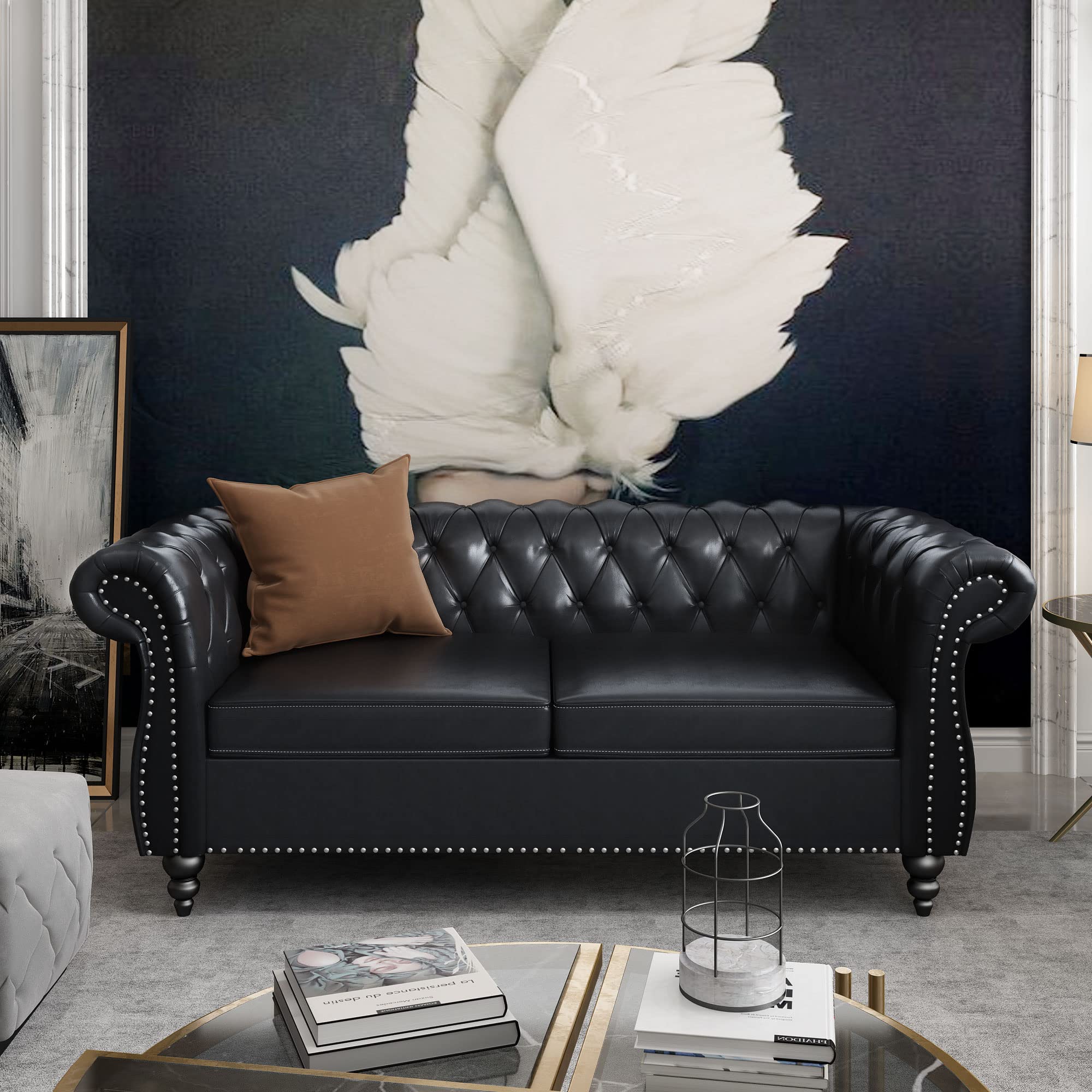 ORRD Chesterfield Loveseat, Modern Velvet Sofa Tufted Couch 2 Seater with Scroll Arms and Nailhead for Living Room, Bedroom, Office, Apartment (Beige)