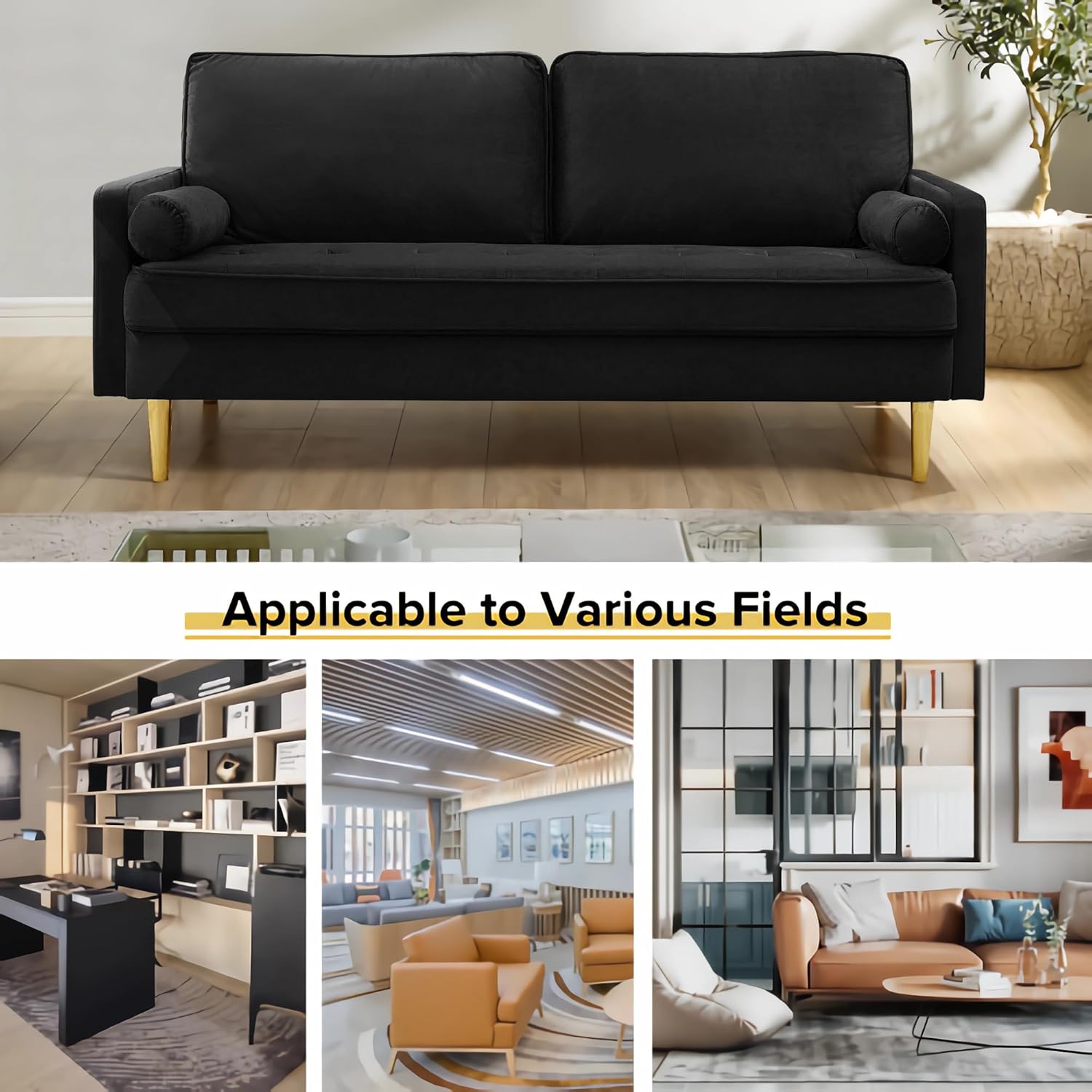 67" Modern Velvet Loveseat Sofa Couch, Mid-Century Tufted Upholstered Small Love Seat Couch with 2 Pillows & 4 Golden Legs, 2-Seats Couches for Compact Space, Living Room, Apartment (Black)