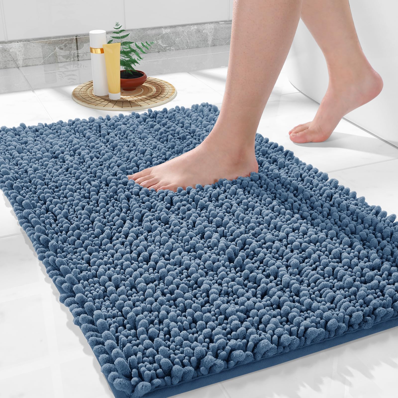 Yimobra Bathroom Rugs Non Slip Washable - Ultra Soft Absorbent Chenille Bath Mat, Quick Dry Shaggy Floor Carpet for Tub Shower, Gray Home Decor Accessories, 24x17 Inch
