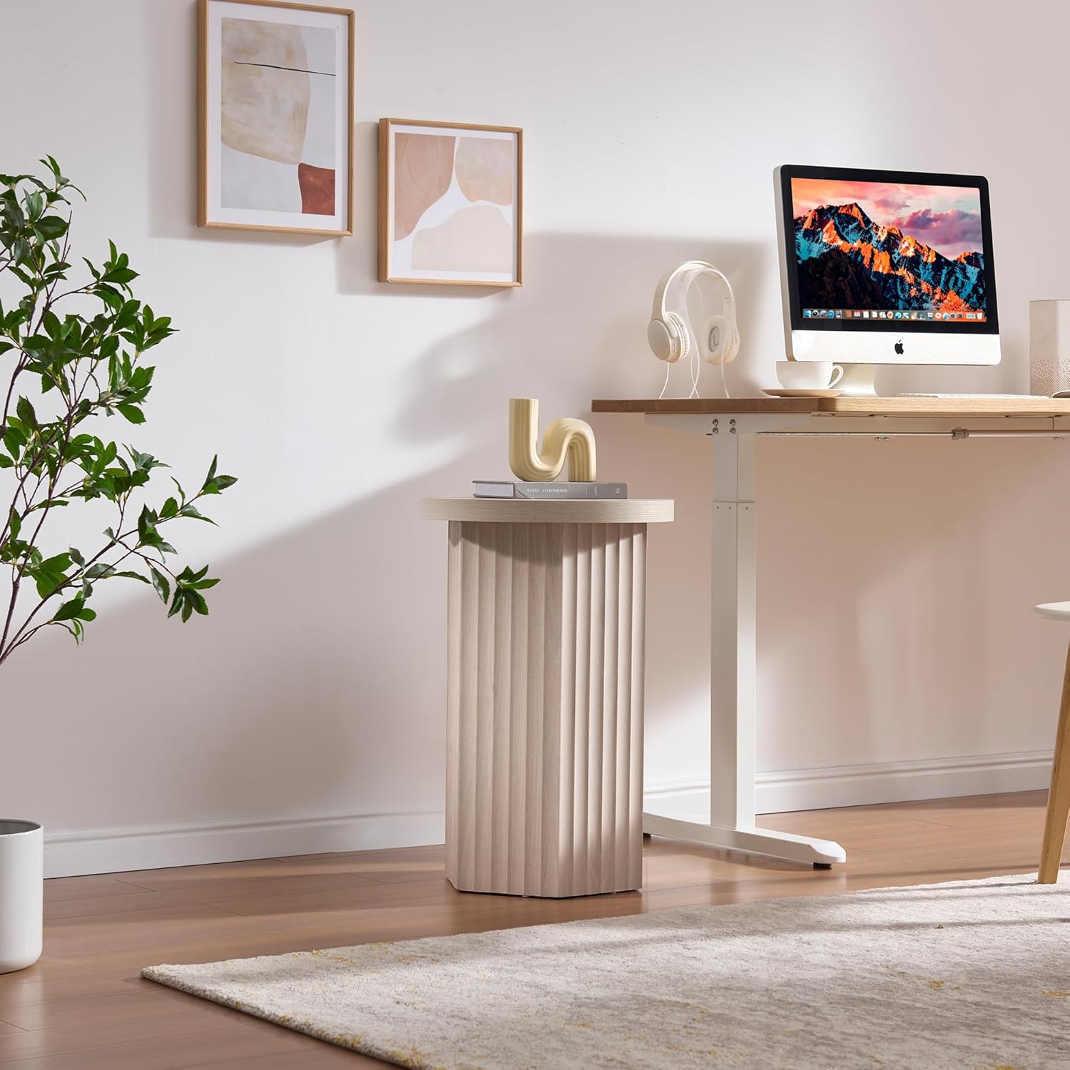 VividVibe End Tables for Living Room, Fluted Couch Side Table with Hexagonal Base, Wooden Bedside Table Bedroom Nightstands 2 Set Home Office Modern Accent Light Alder