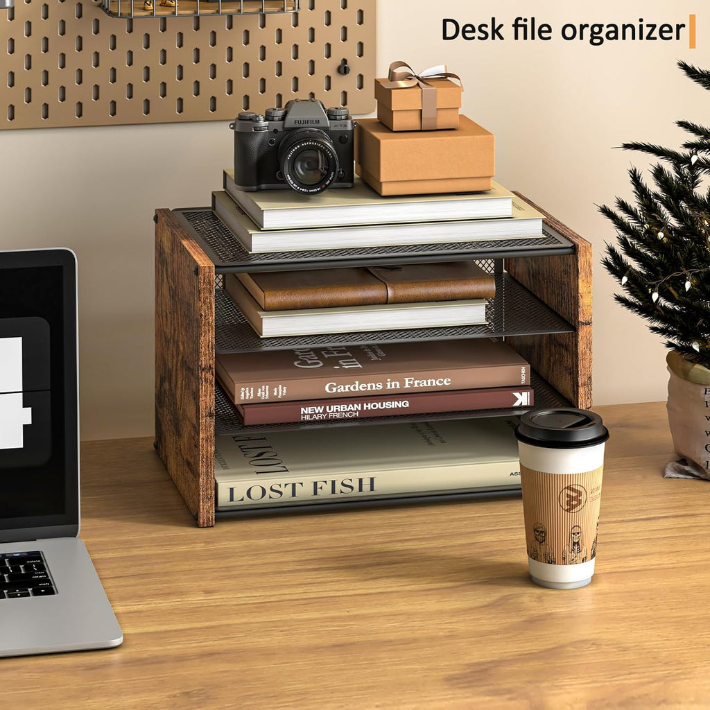 3-Tier Paper Letter Tray, Wooden Desk File Organizer, Stackable Metal Mesh Desk Organizer for Office Supplies. Small Paper Trays for Home Office School, Rustic Brown