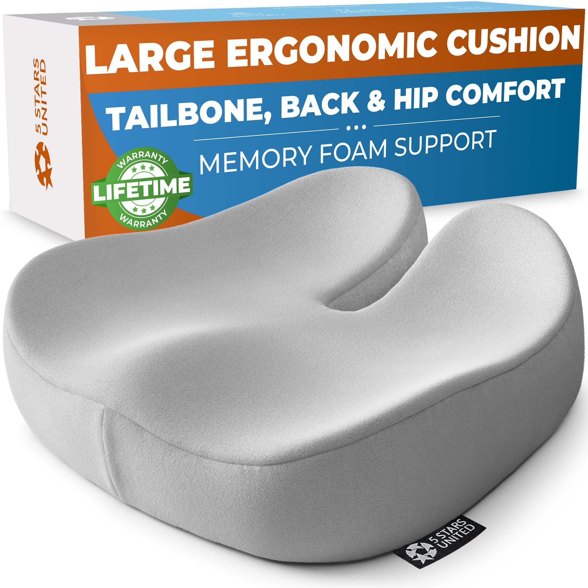 5 STARS UNITED Seat Cushion - Memory Foam Chair Cushion for Tailbone Pain Relief - Ergonomic Support for Coccyx, Sciatica & Butt - Office, Desk & Gaming Chair, Car Seat, Wheelchair, Airplane, Black