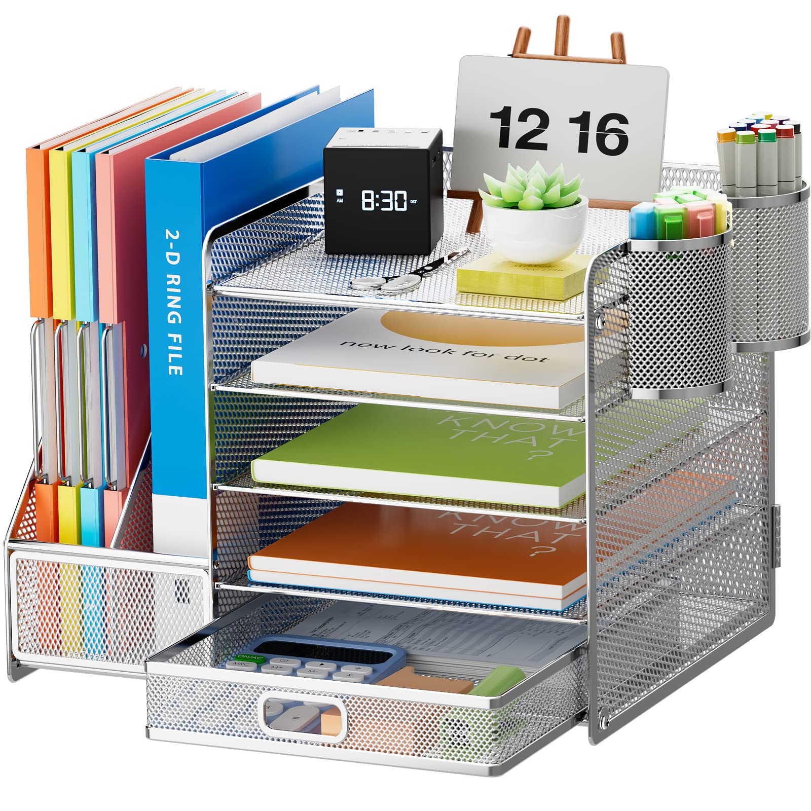 Marbrasse Desk Organizer with File Holder, 5-Tier Paper Letter Tray Organizer with Drawer and 2 Pen Holder, Mesh Desktop Organizer and Storage with Magazine Holder for Office Supplies (Wood-Brown)