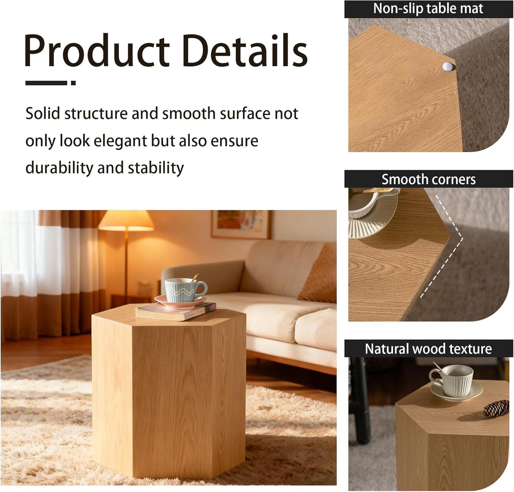 Modern Hexagonal Side Table, Walnut Wood MDF Coffee Table with Natural Texture, Non-Slip Surface, 15.7x13.8x18.9 Inches (Natural)