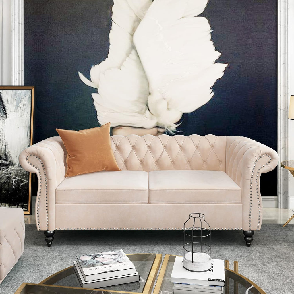 ORRD Chesterfield Loveseat, Modern Velvet Sofa Tufted Couch 2 Seater with Scroll Arms and Nailhead for Living Room, Bedroom, Office, Apartment (Beige)