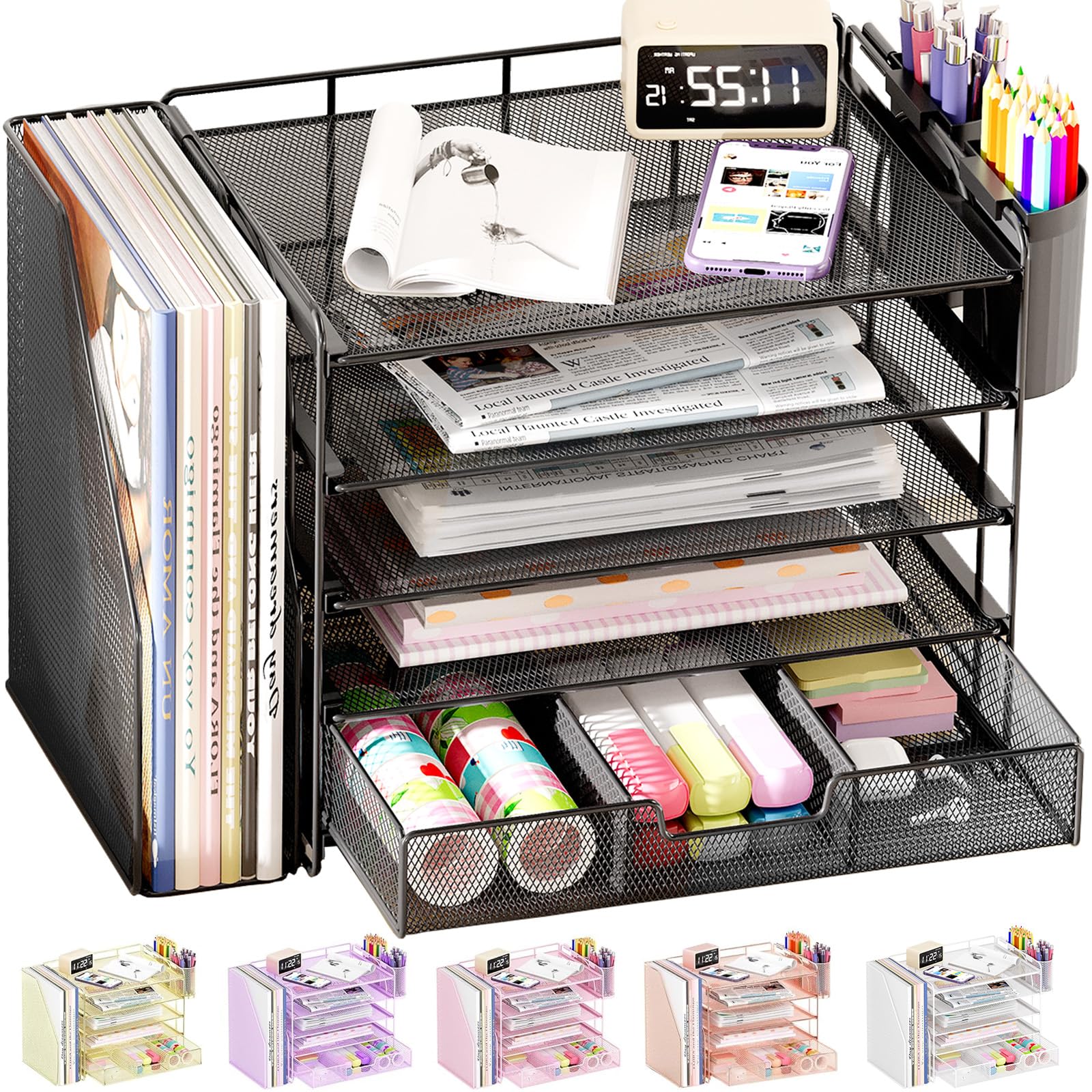 OPNICE Desk Organizer, 4-Tier Desktop File Organizer with Drawer and 2 Pen Holders, Office Desk Accessories, File Sorters, Workspace Organizers for Office Supplies(Brown Wood)