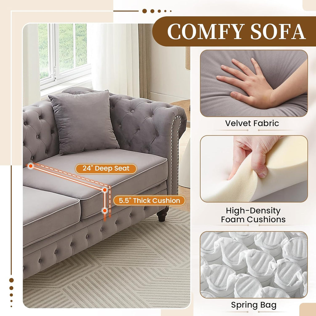 Mid Century Modern Loveseat Sofa, 63.5"W Velvet Fabric Button Tufted Small Couch with Nailhead Trim & Roll Armrest, Upholstered Comfy Chesterfield Sofa for Living Room, Office(2 Seater, Light Grey)