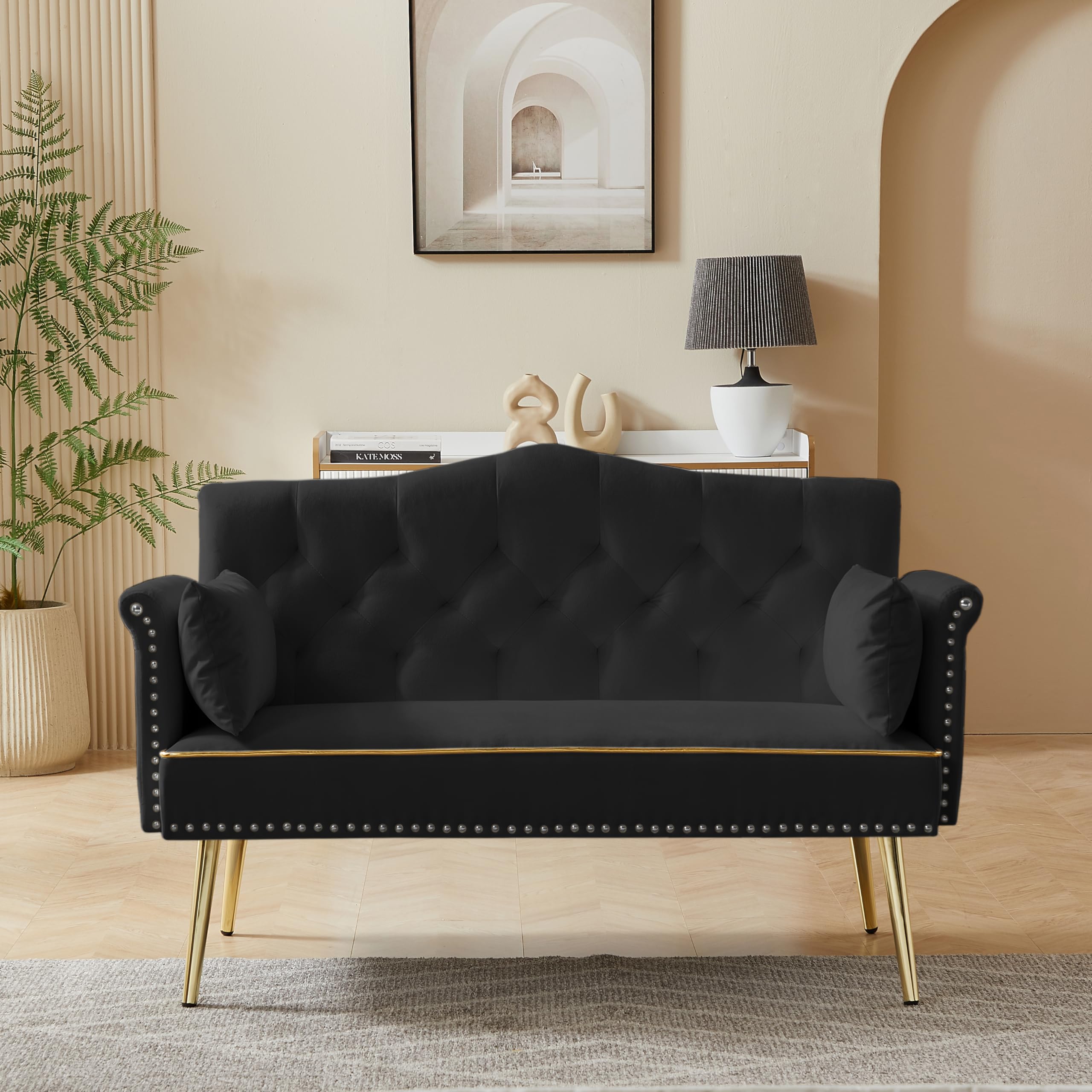 hansones 55-Inch Modern Velvet Loveseat Sofa with Gold Metal Legs & Side Pockets, Tufted Backrest, Perfect for Living Room, Bedroom, or Office (Modern Beige)