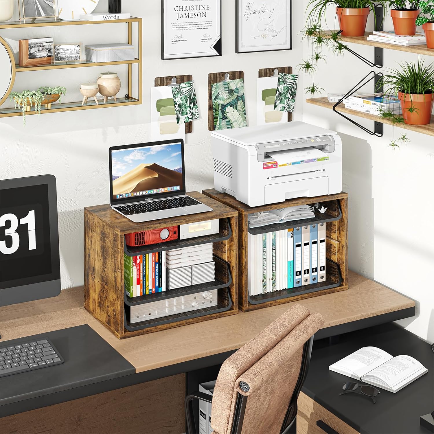 Simple Trending Desk File Organizers, 4-Tier Letter Tray Paper Organizer with File Holder, Wooden Paper Sorter for Office Supplies, Rustic Brown