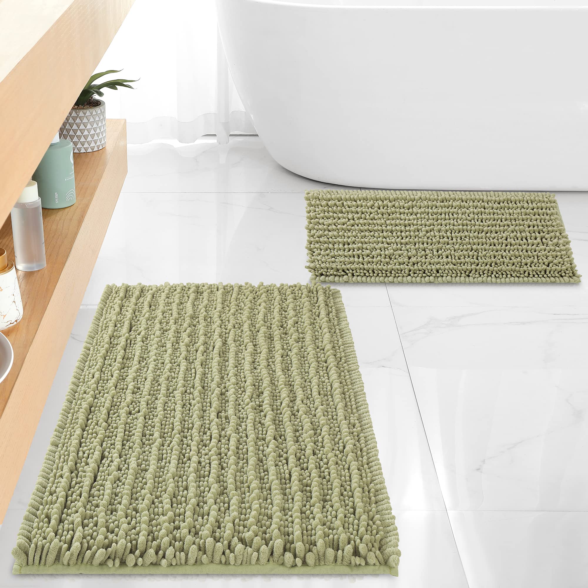 FLOLEOPA Chenille Coral Pink Bath Mat, Luxury Handmade Bathroom Rug, Non Slip, Extra Soft, Absorbent, Machine Washable, 32'x20' Plus 17'x24'