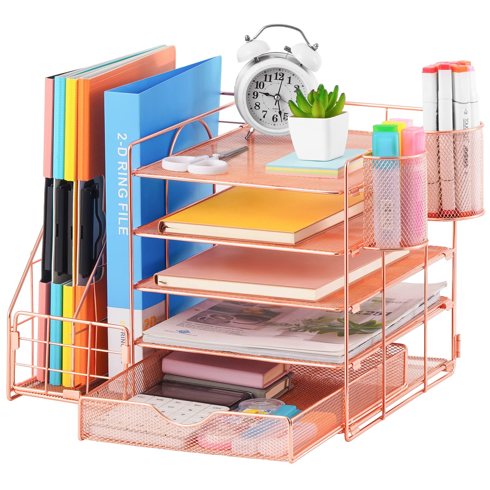 Marbrasse Desk Organizer with File Holder, 5-Tier Paper Letter Tray Organizer with Drawer and 2 Pen Holder, Mesh Desktop Organizer and Storage with Magazine Holder for Office Supplies (Wood-Brown)