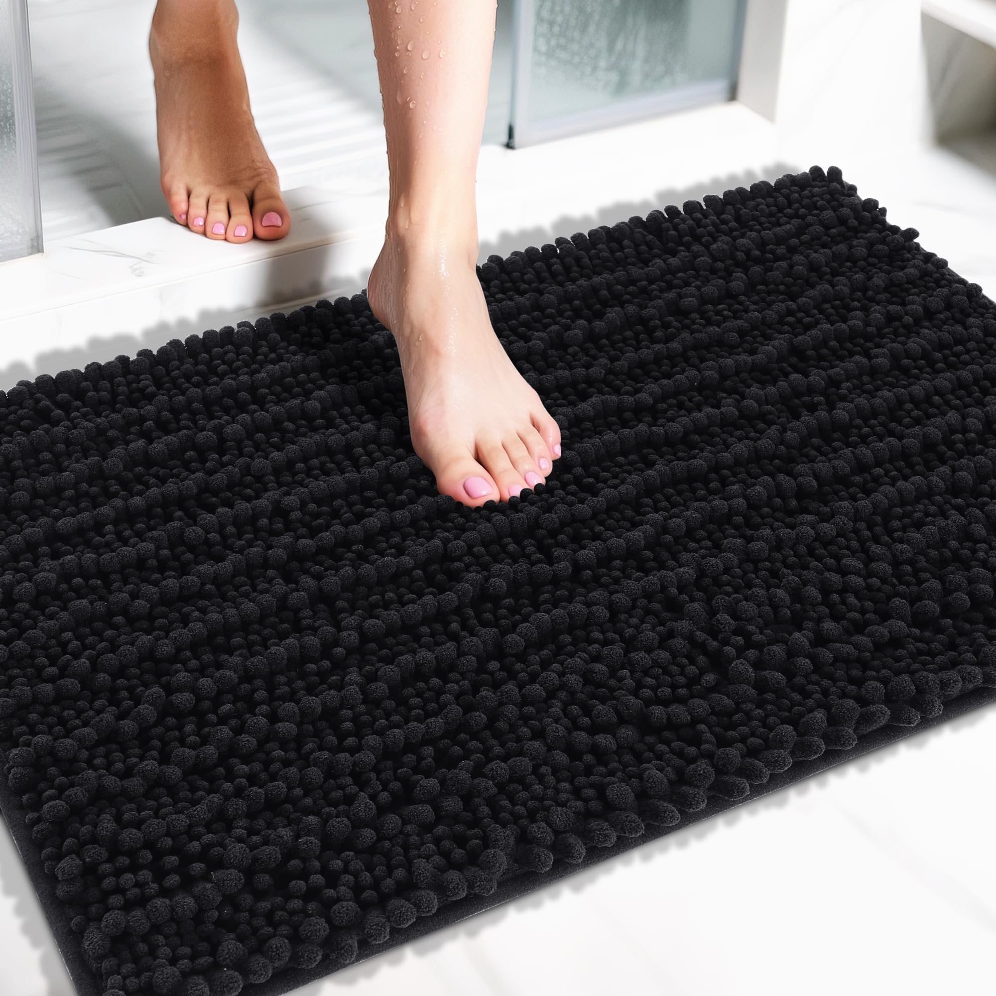 Yimobra Bathroom Rugs Non Slip Washable - Ultra Soft Absorbent Chenille Bath Mat, Quick Dry Shaggy Floor Carpet for Tub Shower, Gray Home Decor Accessories, 24x17 Inch