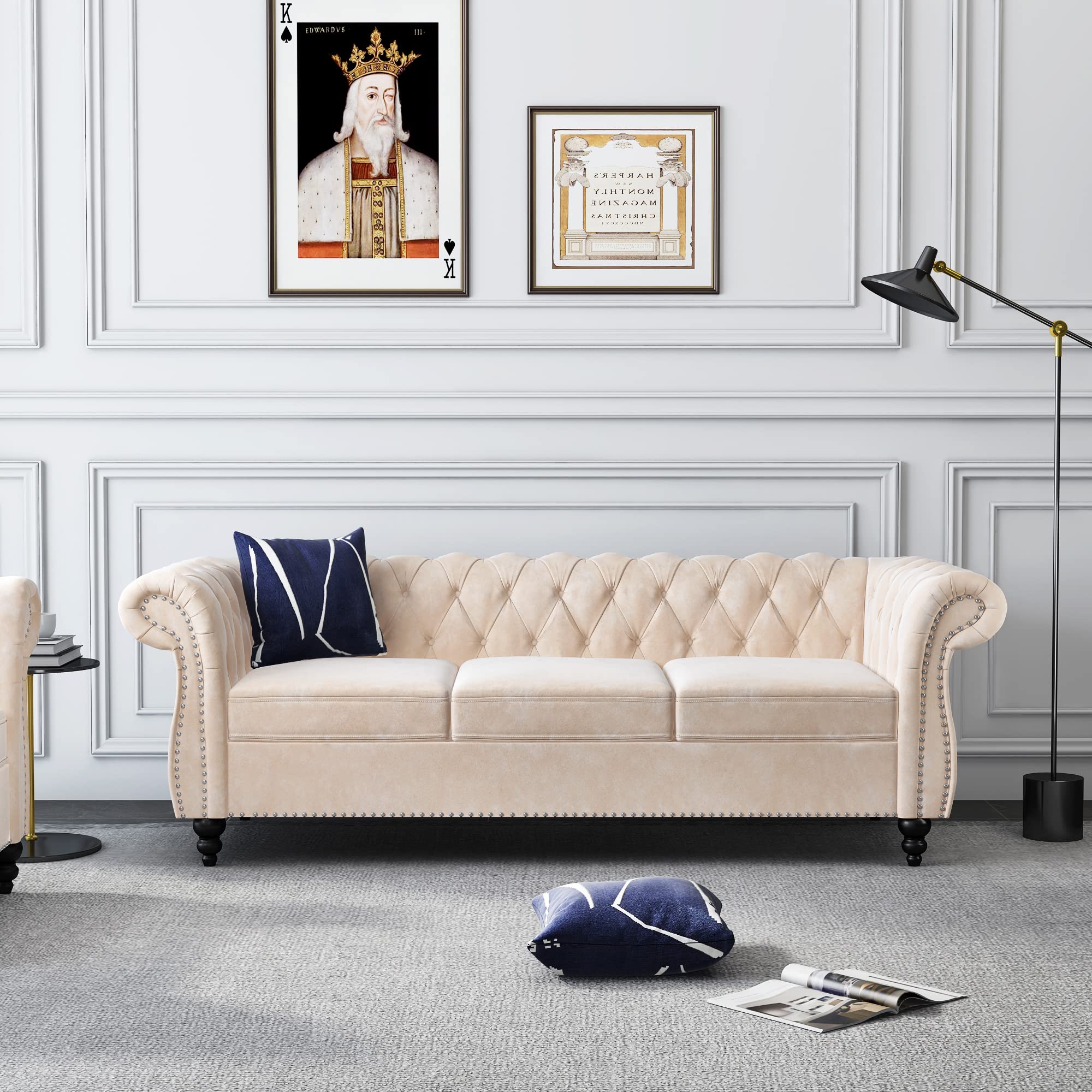 ORRD Chesterfield Loveseat, Modern Velvet Sofa Tufted Couch 2 Seater with Scroll Arms and Nailhead for Living Room, Bedroom, Office, Apartment (Beige)