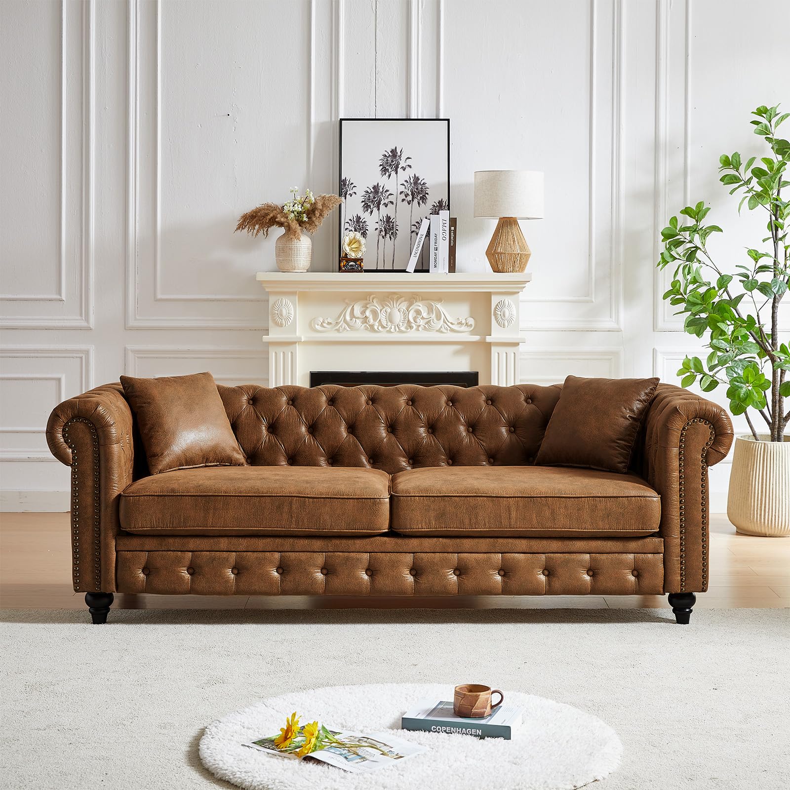 Modern Chesterfield Sofa Couch, 63.5-inch Velvet Fabric Loveseat Sofa with Rolled Arms and Tufted Button for Living Room, Office, Light Grey