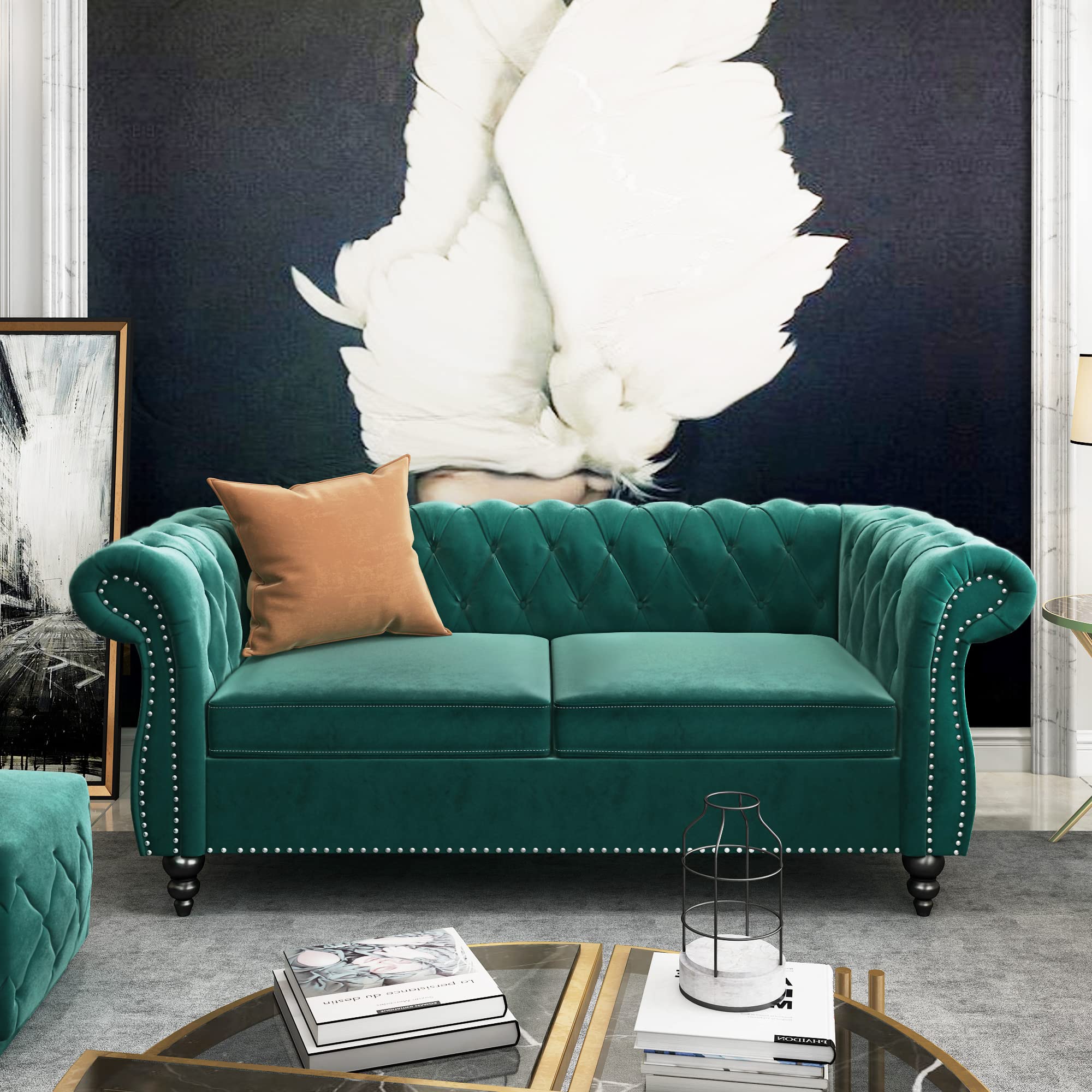 ORRD Chesterfield Loveseat, Modern Velvet Sofa Tufted Couch 2 Seater with Scroll Arms and Nailhead for Living Room, Bedroom, Office, Apartment (Beige)
