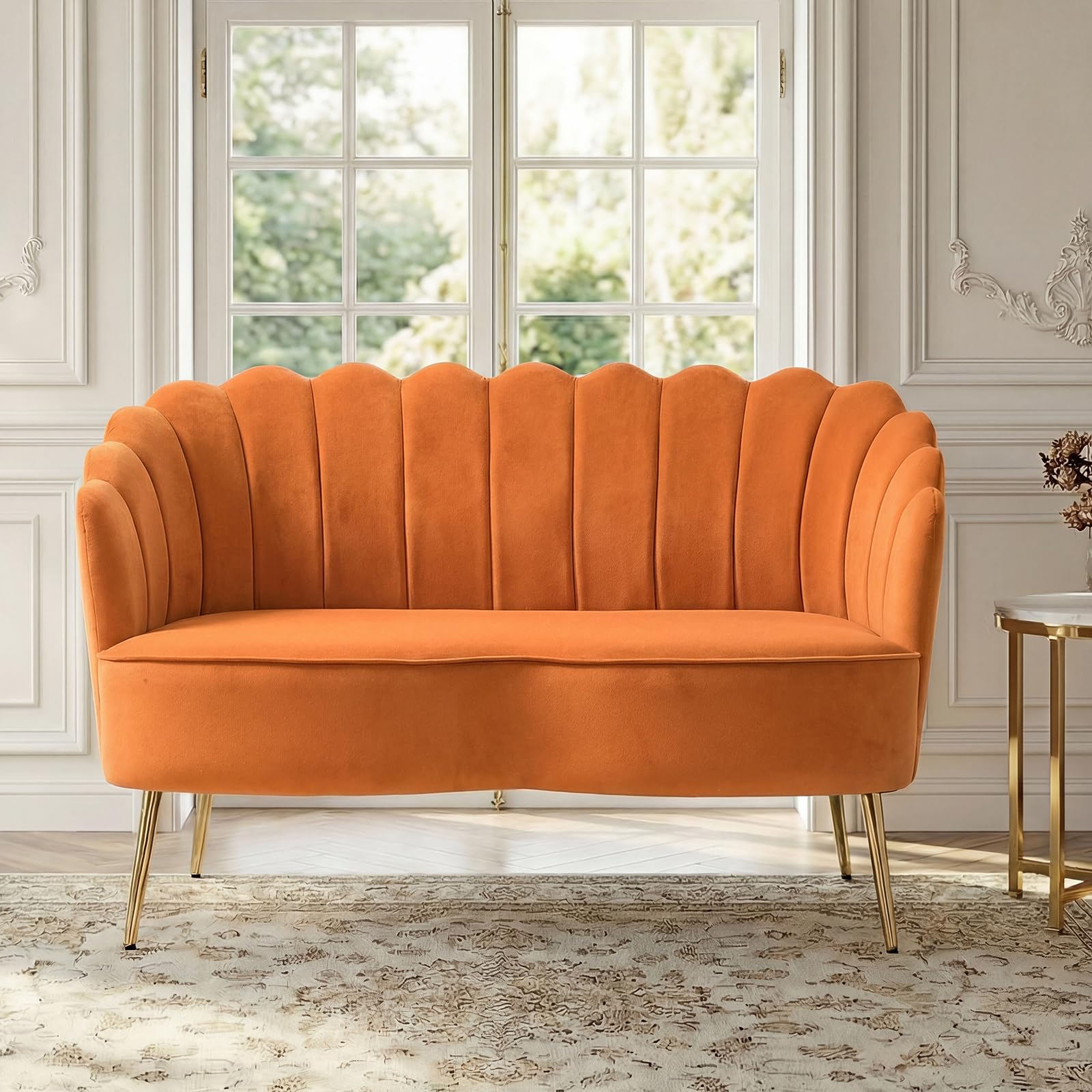Velvet Upholstered Loveseat Sofa with Gold Metal Legs, Modern Comfy Small Love Seat with Flower Shaped Back, 2-Seater Sofa Accent Couch for Living Bedroom Leisure Areas