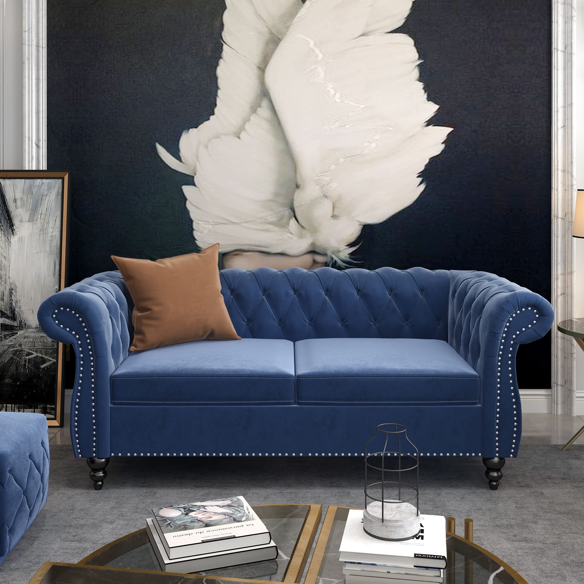 ORRD Chesterfield Loveseat, Modern Velvet Sofa Tufted Couch 2 Seater with Scroll Arms and Nailhead for Living Room, Bedroom, Office, Apartment (Beige)
