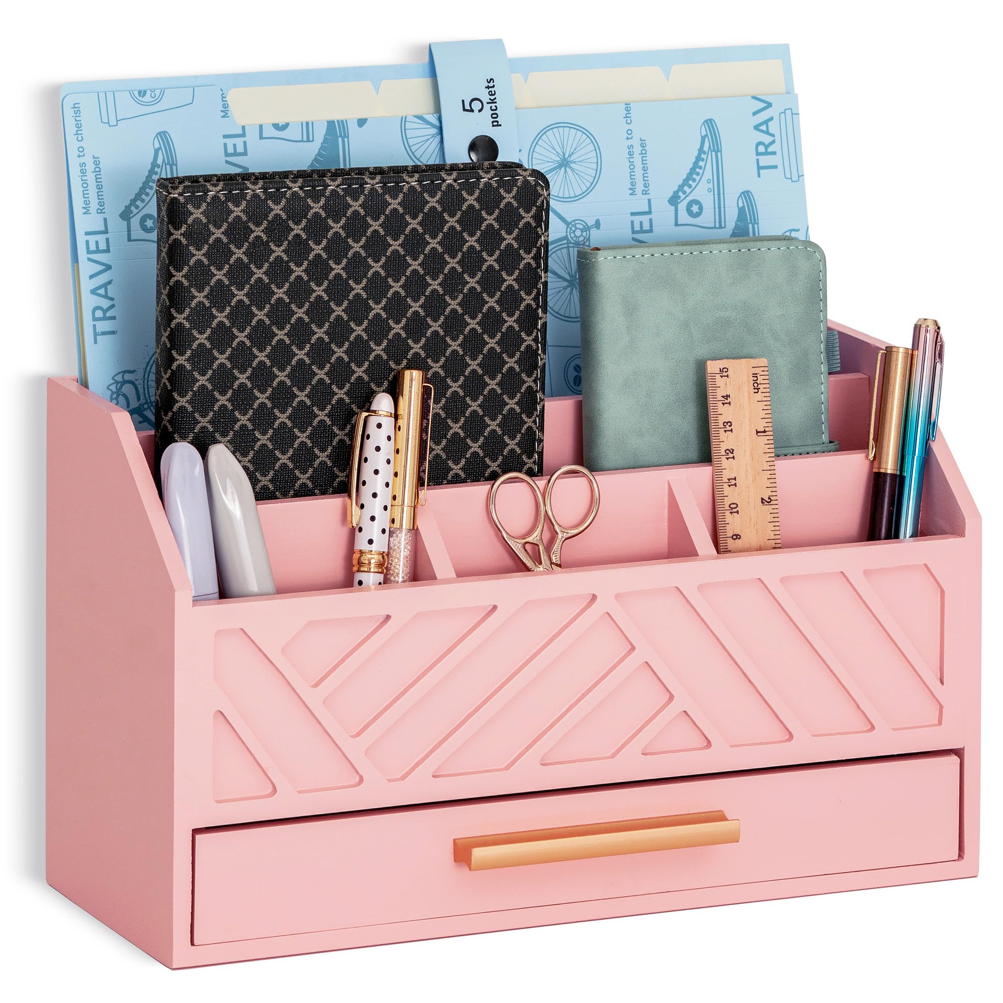 dreampossible Brown Wood Desk Organizer and Accessories with Drawer, Bill Mail Organizer and File Mail Holder for Office Supplies, Modern Desk Accessories & Workspace Organizers for Desk Organization