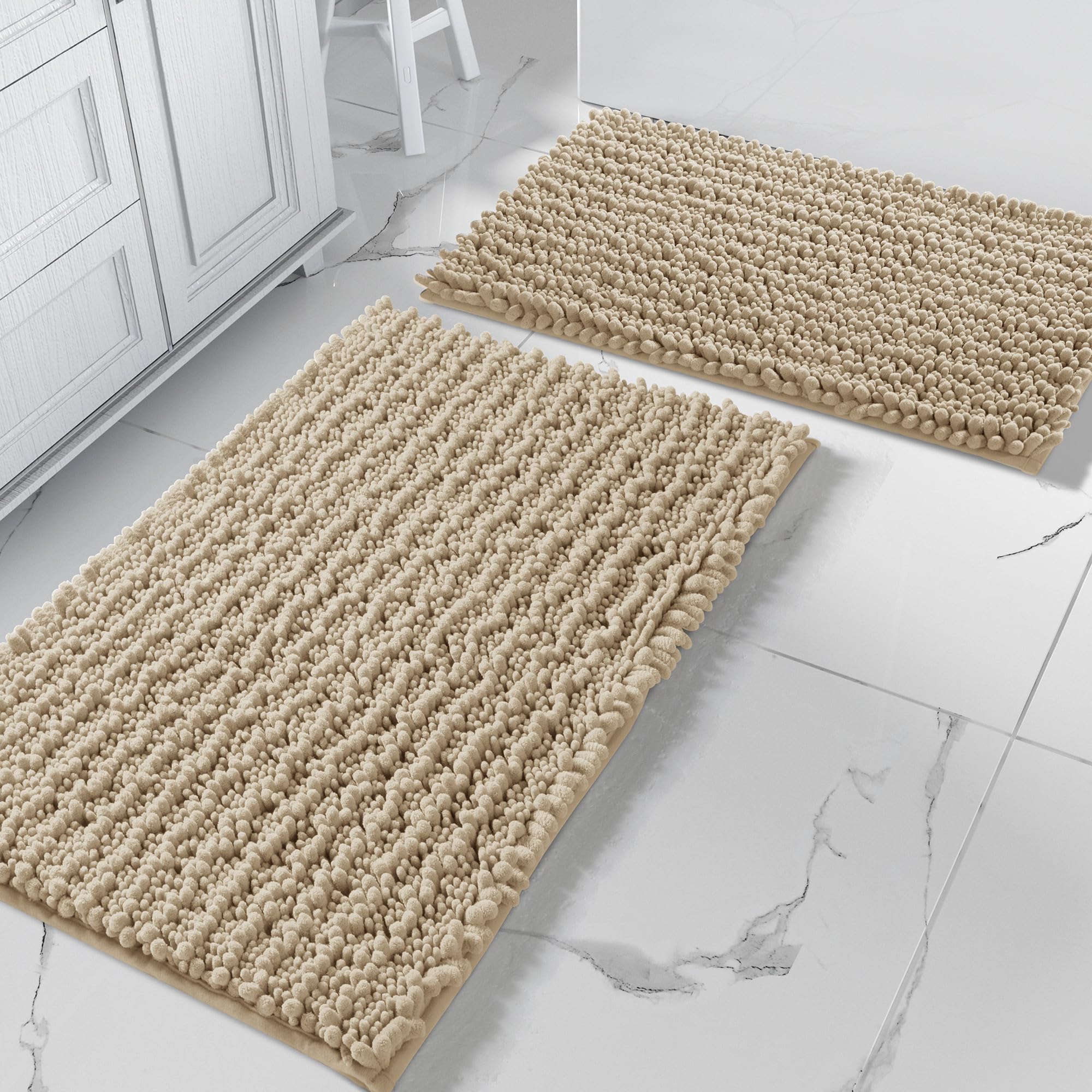 Yimobra Bathroom Rugs Sets 2 Piece - Quick Dry Extra Thick Luxury Chenille Bath Mat, Non Slip Super Absorbent for Tub Shower Sink, Machine Washable Shaggy Floor Mat, 32"x20"+24"x17" Inch, Black