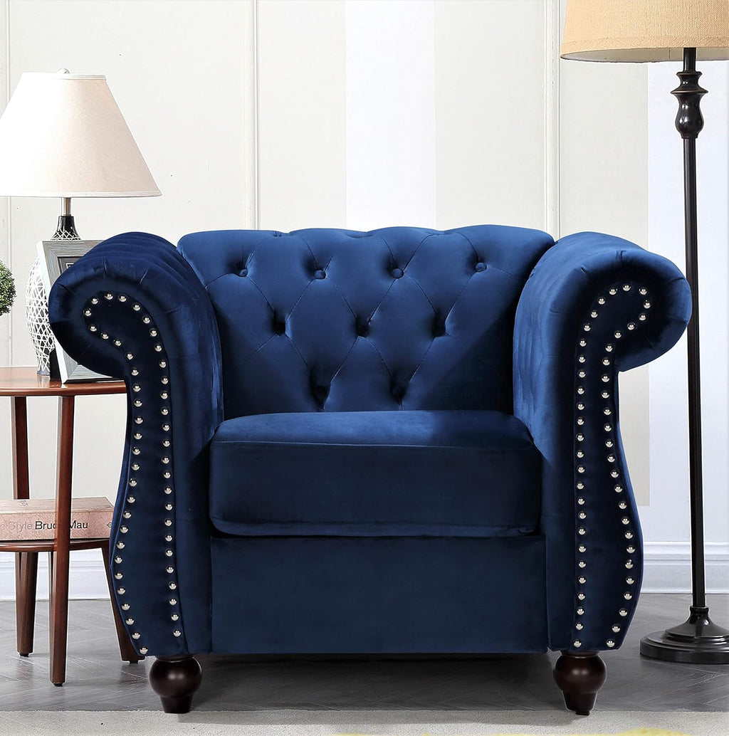 Container Furniture Direct Feinstein Modern Velvet Chesterfield Couches for Living Room with Nailheads, Diamond Tufting & Durable Metal Frame, Loveseat, Green