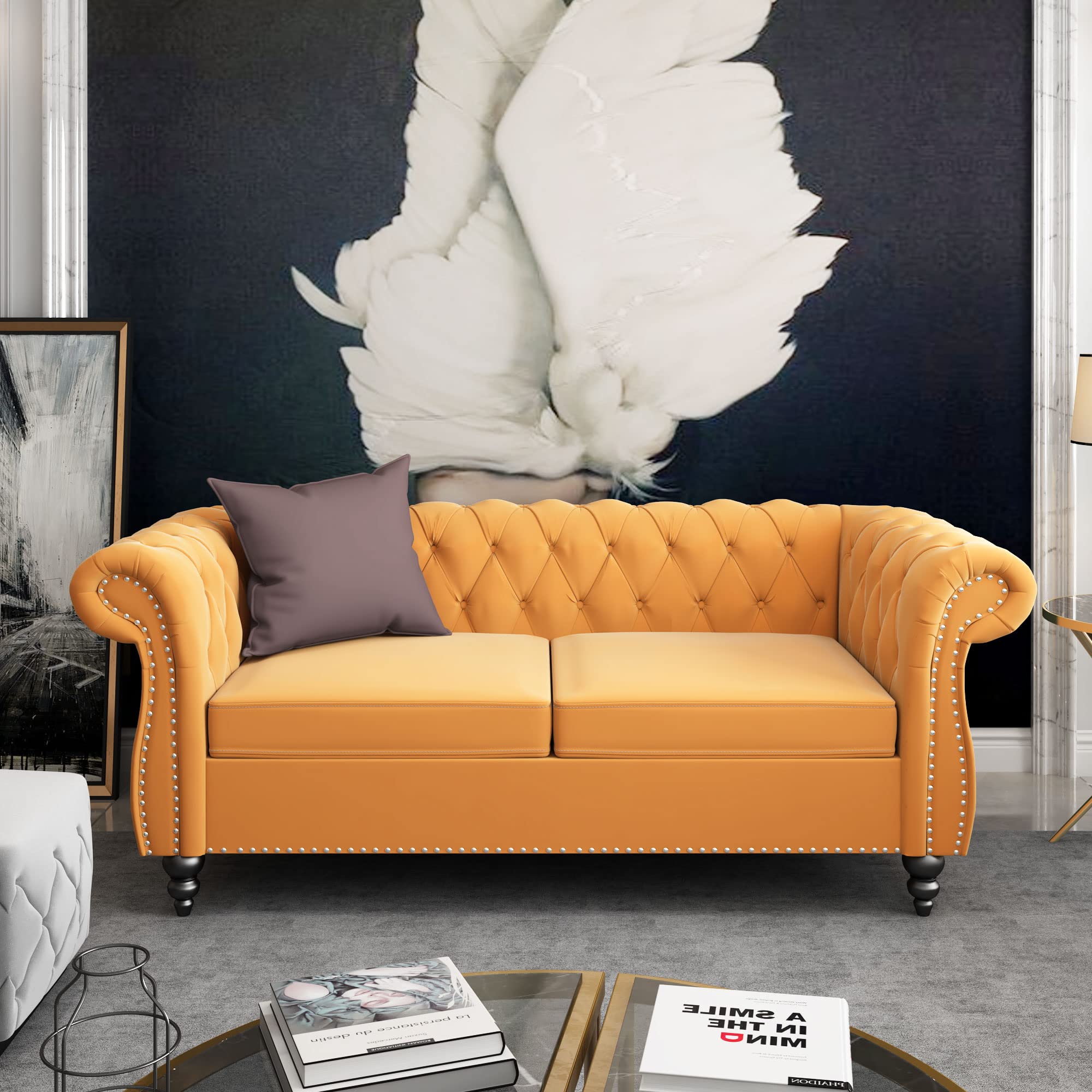 ORRD Chesterfield Loveseat, Modern Velvet Sofa Tufted Couch 2 Seater with Scroll Arms and Nailhead for Living Room, Bedroom, Office, Apartment (Beige)