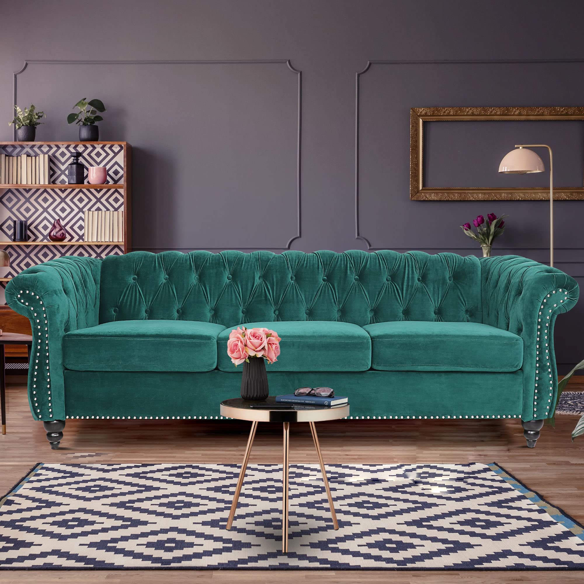 ORRD Chesterfield Loveseat, Modern Velvet Sofa Tufted Couch 2 Seater with Scroll Arms and Nailhead for Living Room, Bedroom, Office, Apartment (Beige)