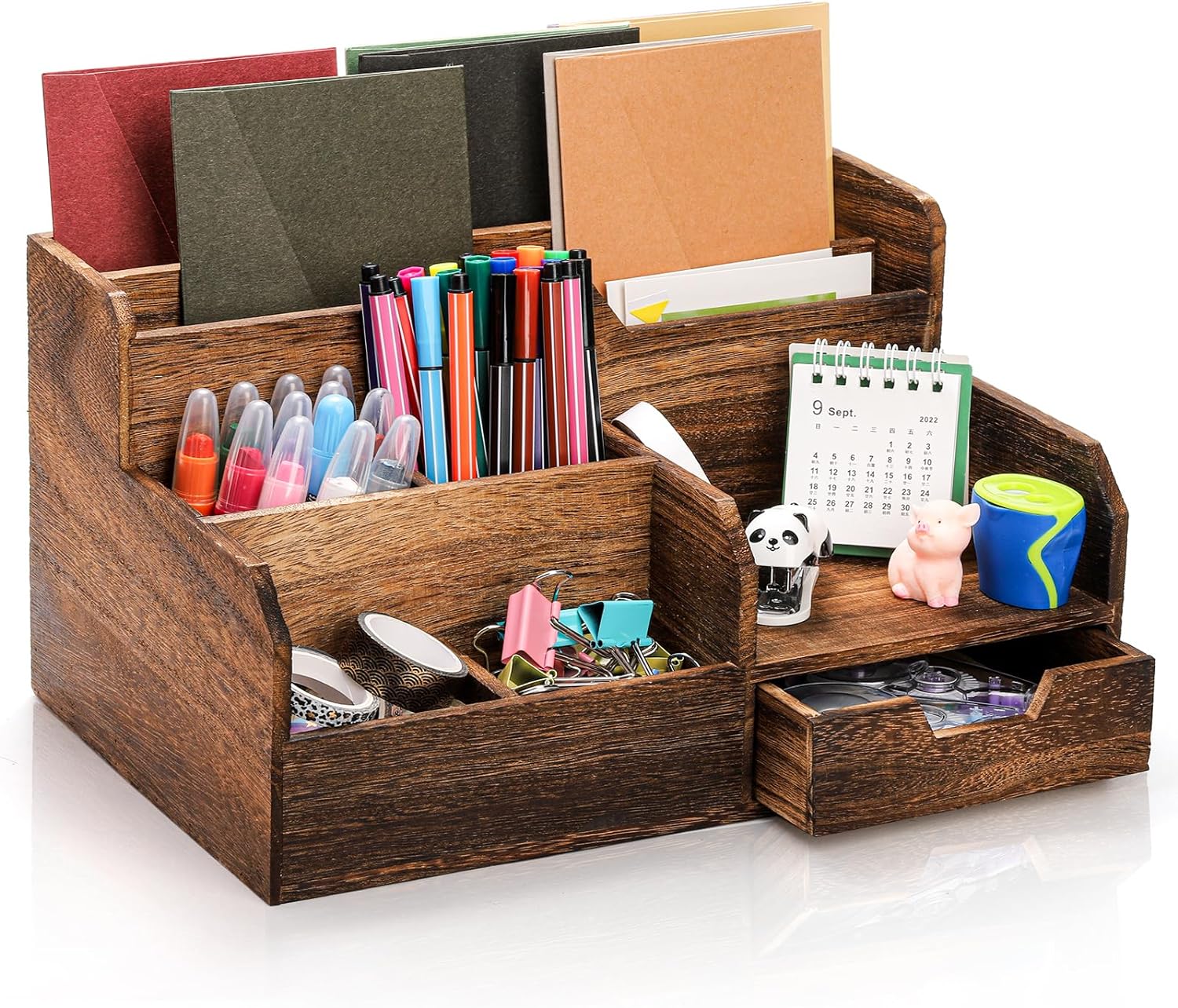 Pumtus Brown Wooden Mail Organizer, Desk Organizer with 7 Compartments and Drawer, Rustic Mail Sorter with Pen Holder, Tabletop Mail Basket, Office Accessories Holder for Pen File Letter Document