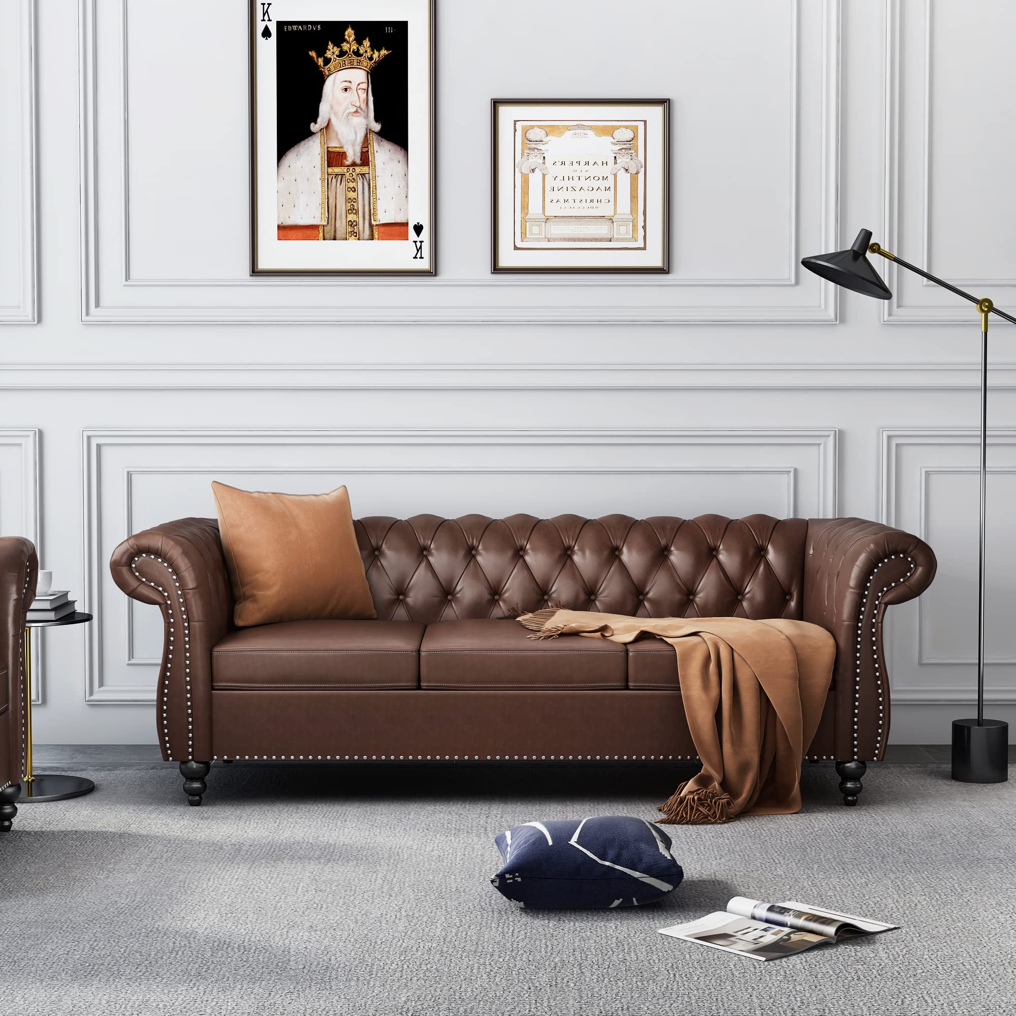 ORRD Chesterfield Loveseat, Modern Velvet Sofa Tufted Couch 2 Seater with Scroll Arms and Nailhead for Living Room, Bedroom, Office, Apartment (Beige)