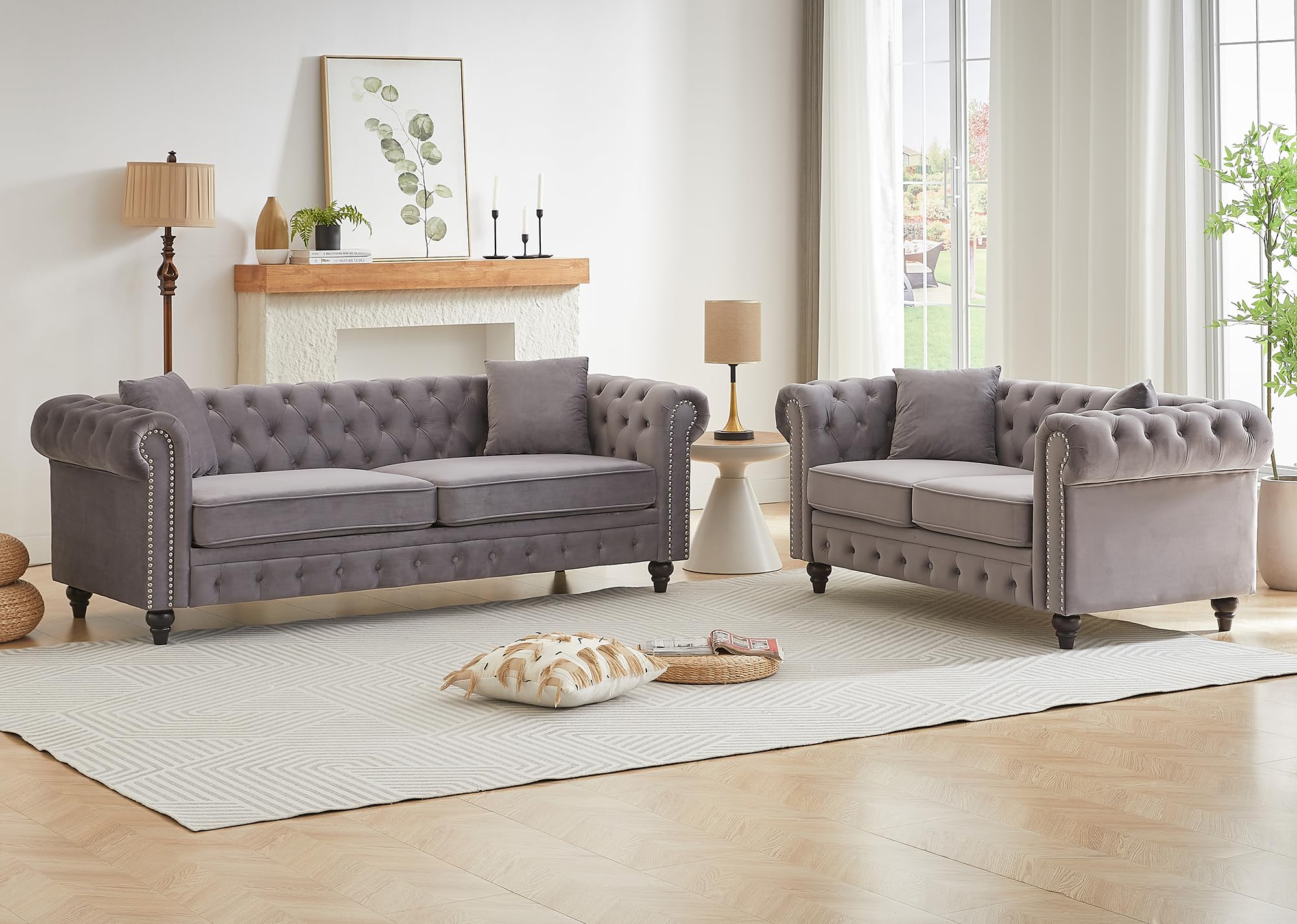 Mid Century Modern Loveseat Sofa, 63.5"W Velvet Fabric Button Tufted Small Couch with Nailhead Trim & Roll Armrest, Upholstered Comfy Chesterfield Sofa for Living Room, Office(2 Seater, Light Grey)