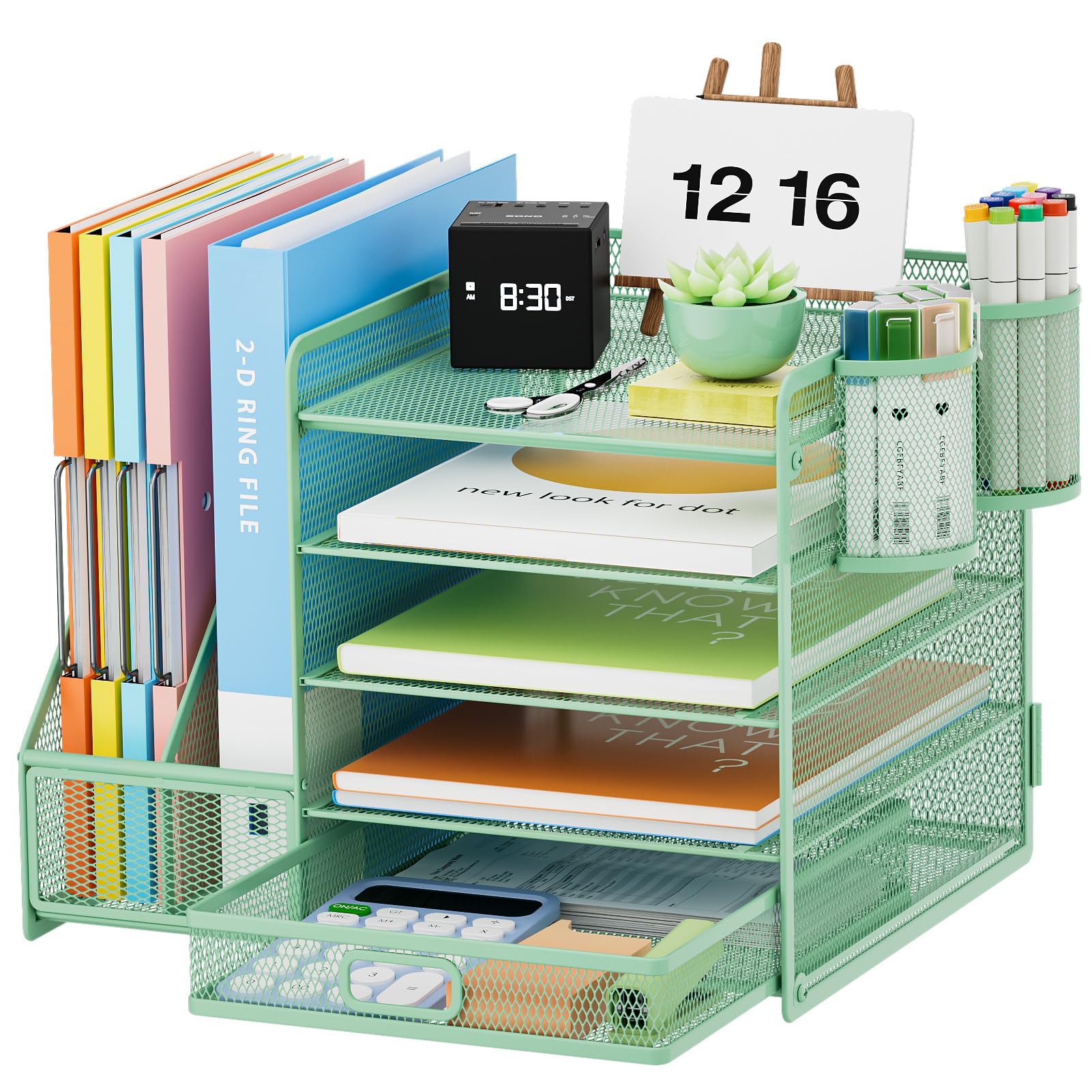 Marbrasse Desk Organizer with File Holder, 5-Tier Paper Letter Tray Organizer with Drawer and 2 Pen Holder, Mesh Desktop Organizer and Storage with Magazine Holder for Office Supplies (Wood-Brown)