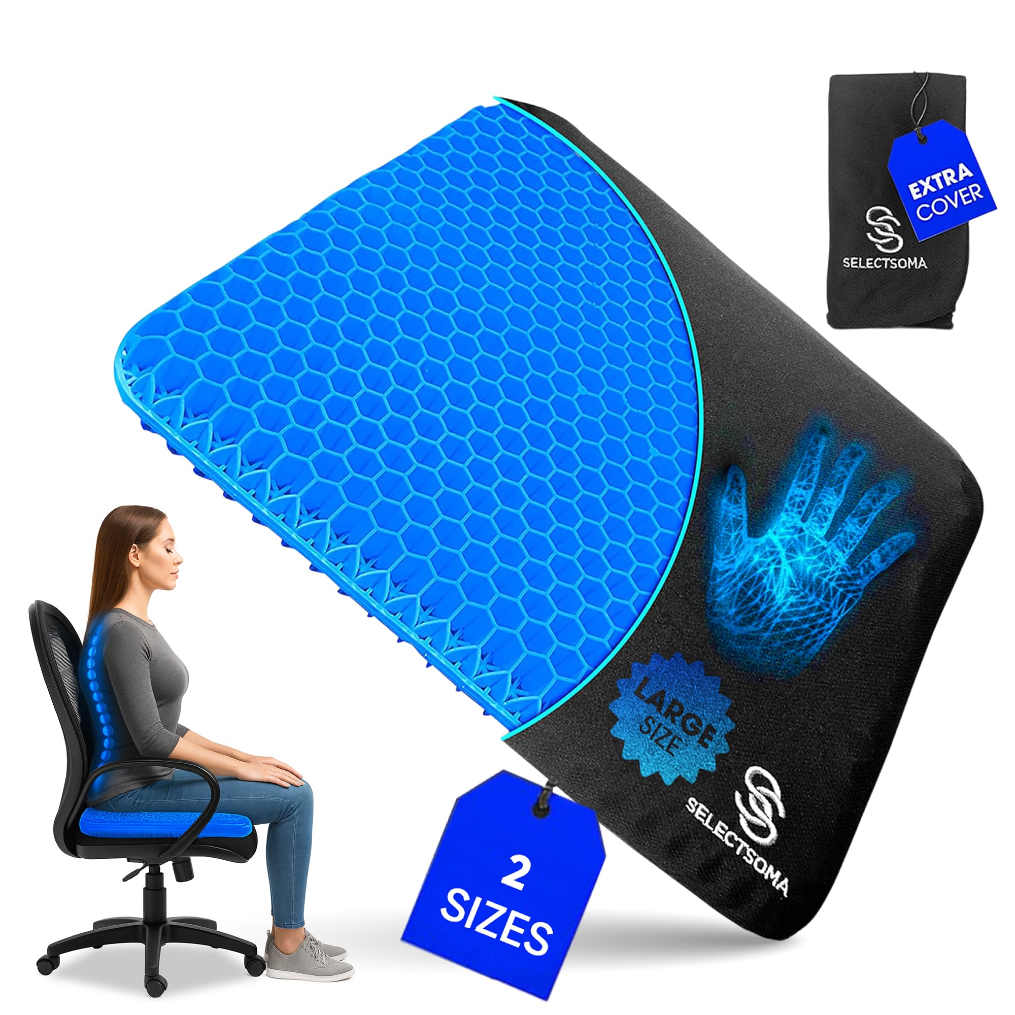 SelectSoma Double-Thick Gel Seat Cushion for Long Sitting Pressure Relief for Back, Sciatica, Coccyx, Tailbone Pain - Cushion for Office Chair, Wheelchair, Car & Truck, Patio Chairs - Egg Seat Pad