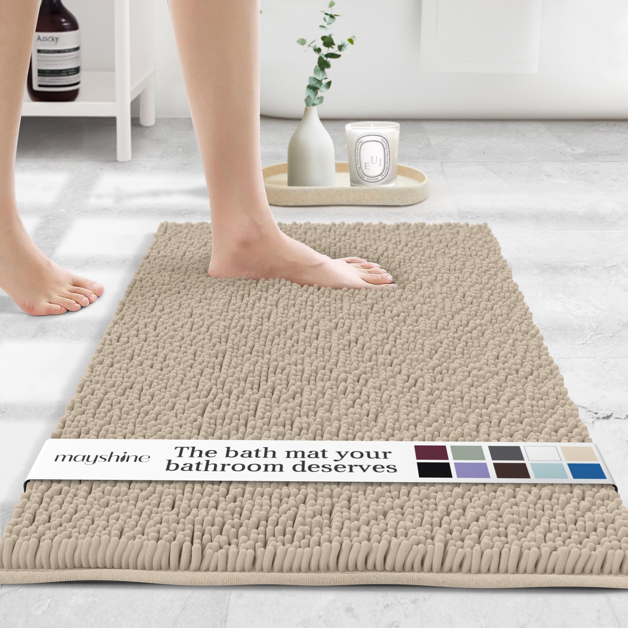 MAYSHINE Round Area Rug Set for Bathroom | Soft Plush Chenille Bath Mat, Water Absorbent Non-Slip Bathroom Rug | Washable Shag Carpet for Shower, Bedroom, or Home Décor | 36"x36" (Round) | White