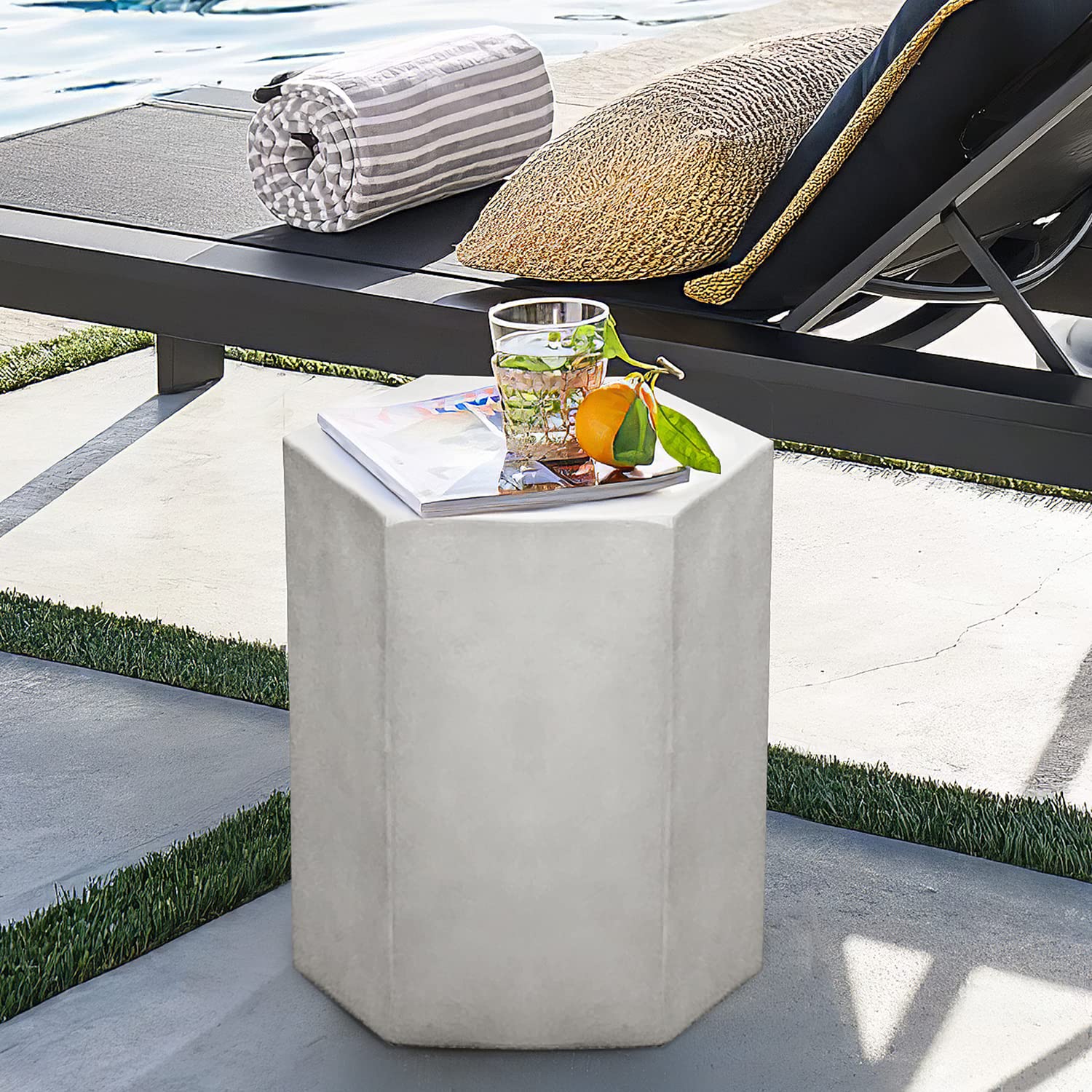 COSIEST Concrete Accent Table, Hexagon Patio Side Table 14.5''Wx16''H, Modular Design Indoor Outdoor End Table, Light Grey