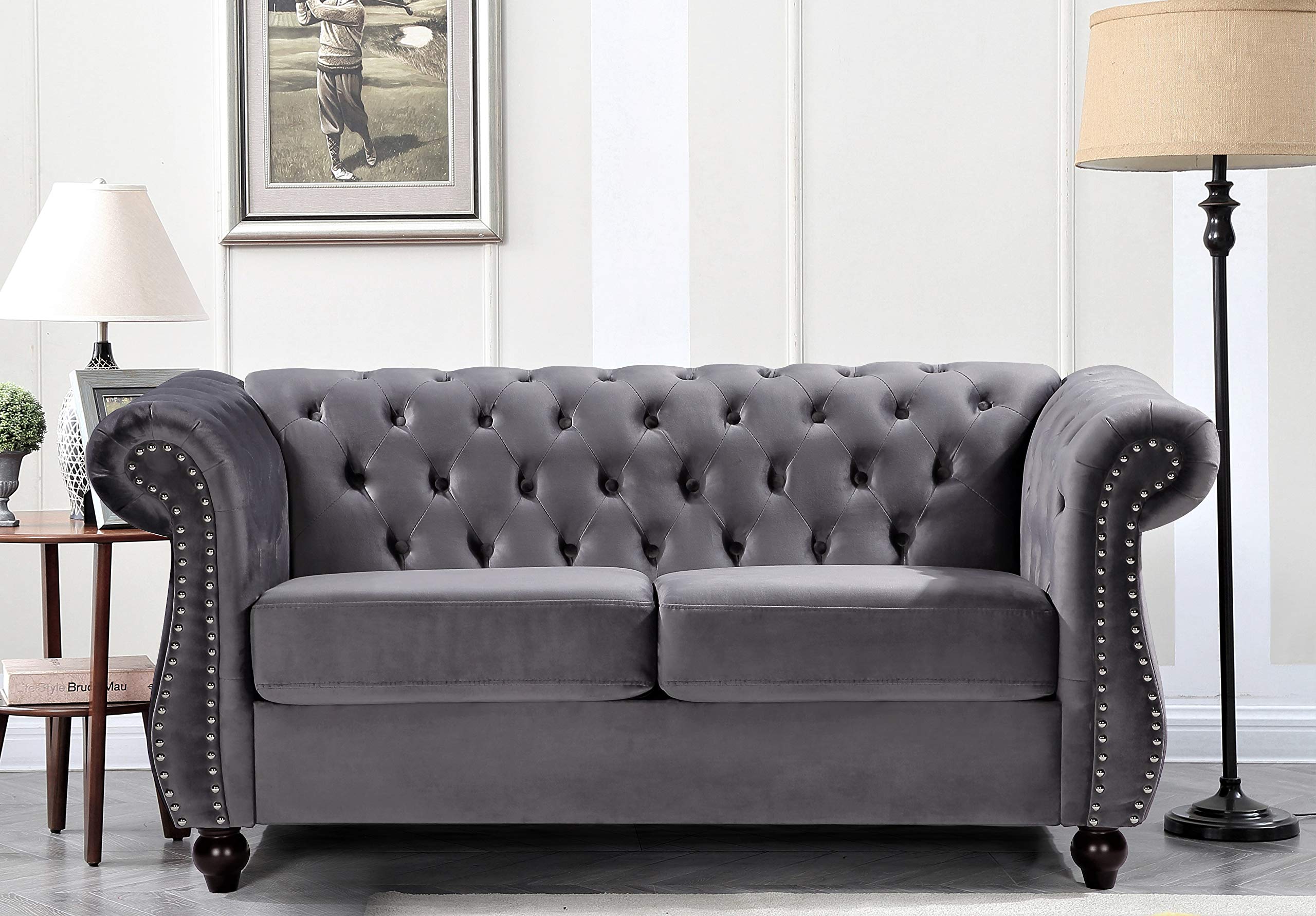 Container Furniture Direct Feinstein Modern Velvet Chesterfield Couches for Living Room with Nailheads, Diamond Tufting & Durable Metal Frame, Loveseat, Green