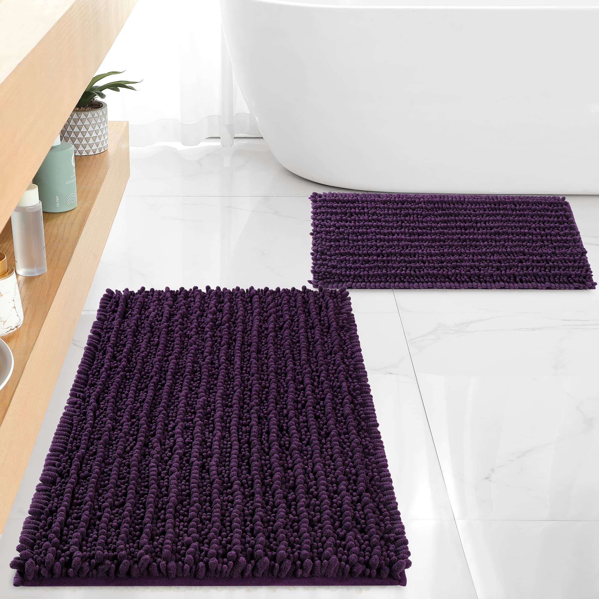 FLOLEOPA Chenille Coral Pink Bath Mat, Luxury Handmade Bathroom Rug, Non Slip, Extra Soft, Absorbent, Machine Washable, 32'x20' Plus 17'x24'