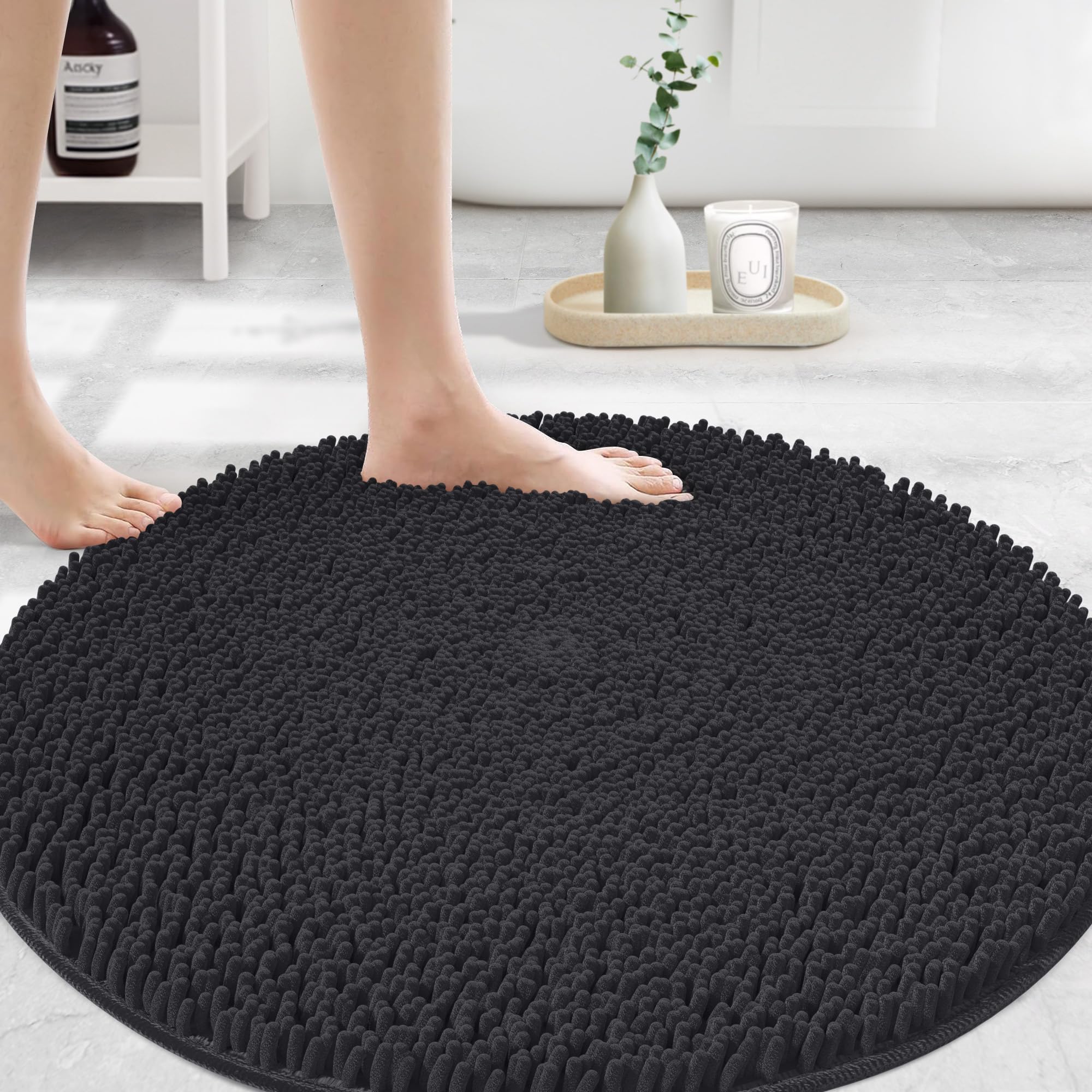 MAYSHINE Round Area Rug Set for Bathroom | Soft Plush Chenille Bath Mat, Water Absorbent Non-Slip Bathroom Rug | Washable Shag Carpet for Shower, Bedroom, or Home Décor | 36"x36" (Round) | White