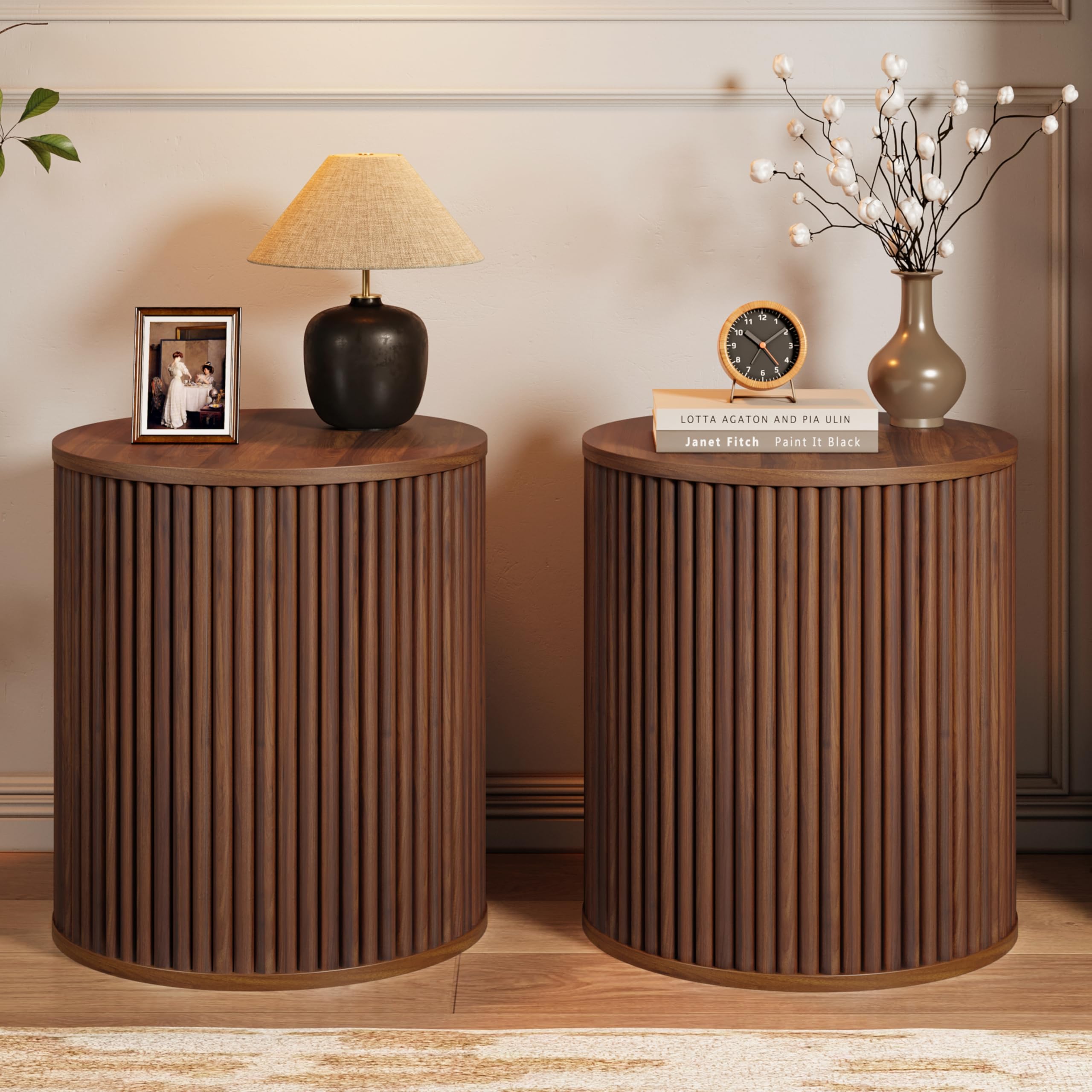 AVZEAR Small Round Side Table Fluted Night Stand Set of 2, Mid Century Modern End Table with Storage, Circle Bedside Tables Wood Nightstands for Small Spaces, Living Room, Bedroom (Black)