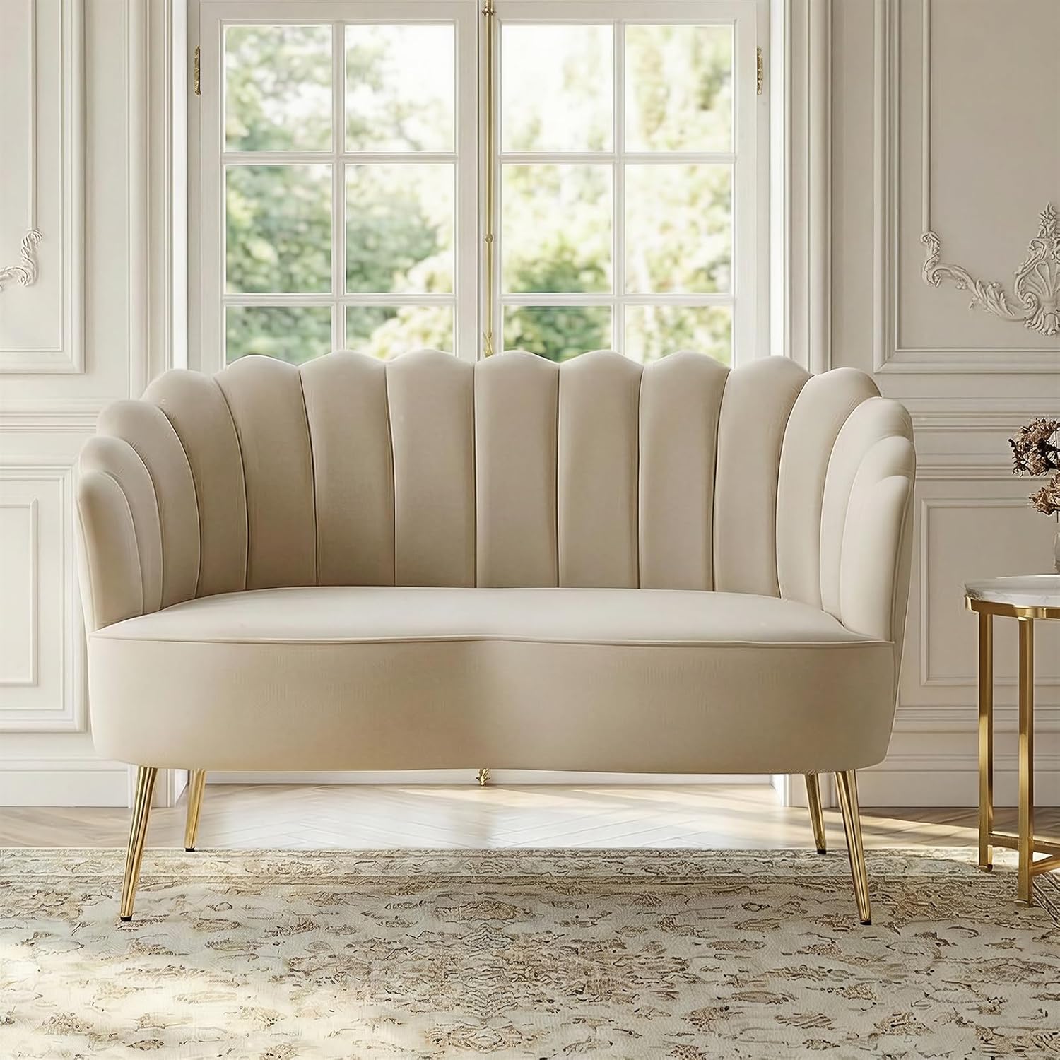 Velvet Upholstered Loveseat Sofa with Gold Metal Legs, Modern Comfy Small Love Seat with Flower Shaped Back, 2-Seater Sofa Accent Couch for Living Bedroom Leisure Areas
