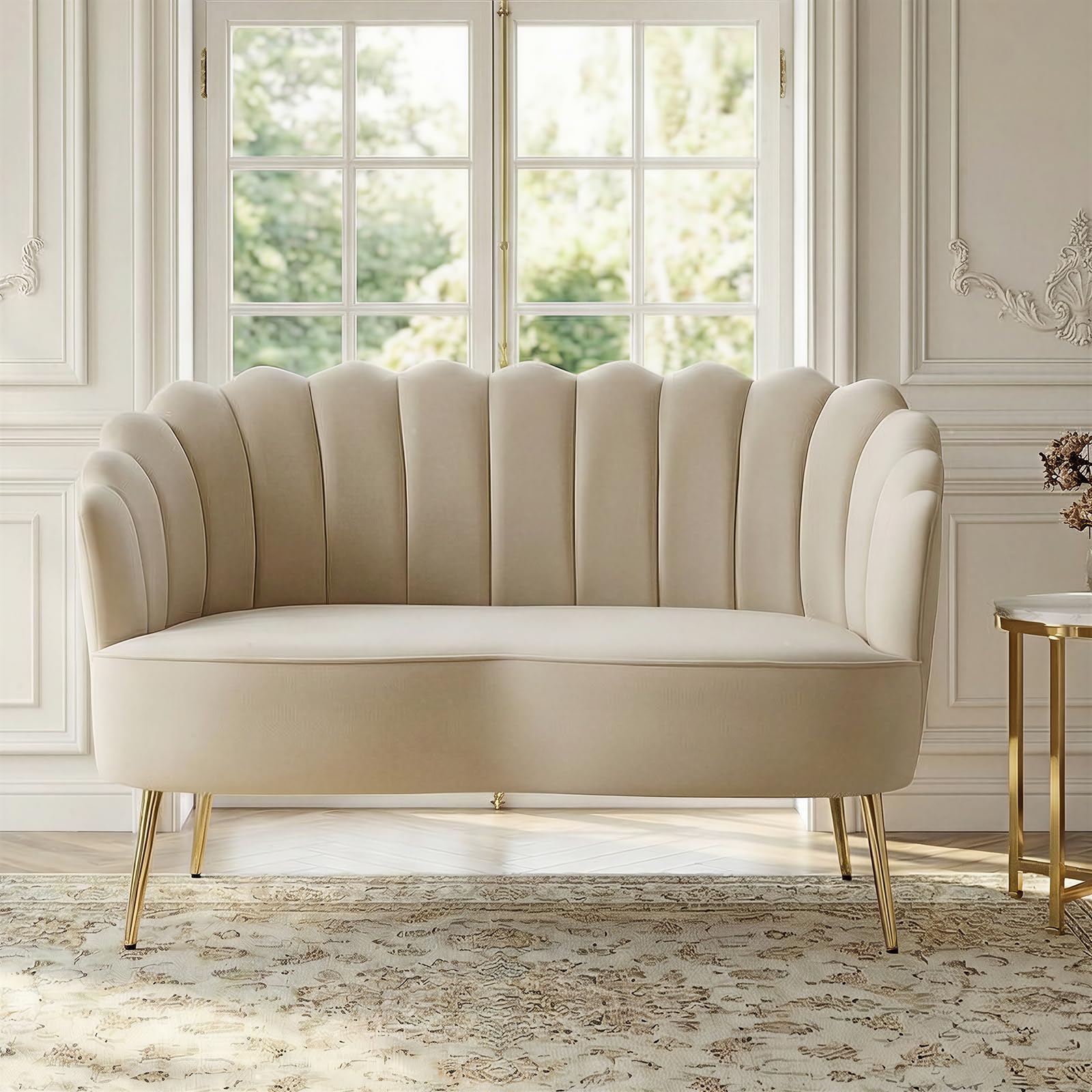 Velvet Upholstered Loveseat Sofa with Gold Metal Legs, Modern Comfy Small Love Seat with Flower Shaped Back, 2-Seater Sofa Accent Couch for Living Bedroom Leisure Areas