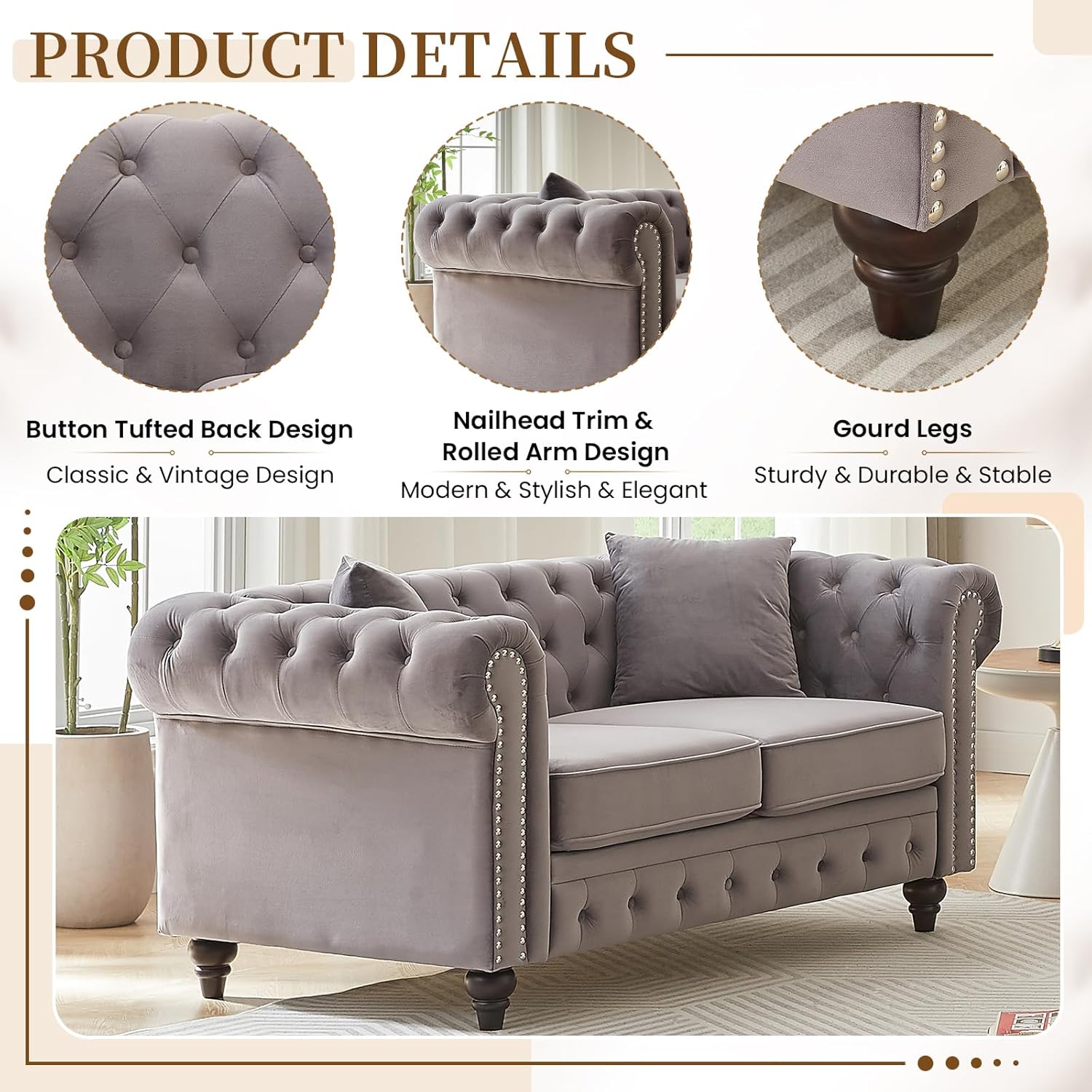 Mid Century Modern Loveseat Sofa, 63.5"W Velvet Fabric Button Tufted Small Couch with Nailhead Trim & Roll Armrest, Upholstered Comfy Chesterfield Sofa for Living Room, Office(2 Seater, Light Grey)