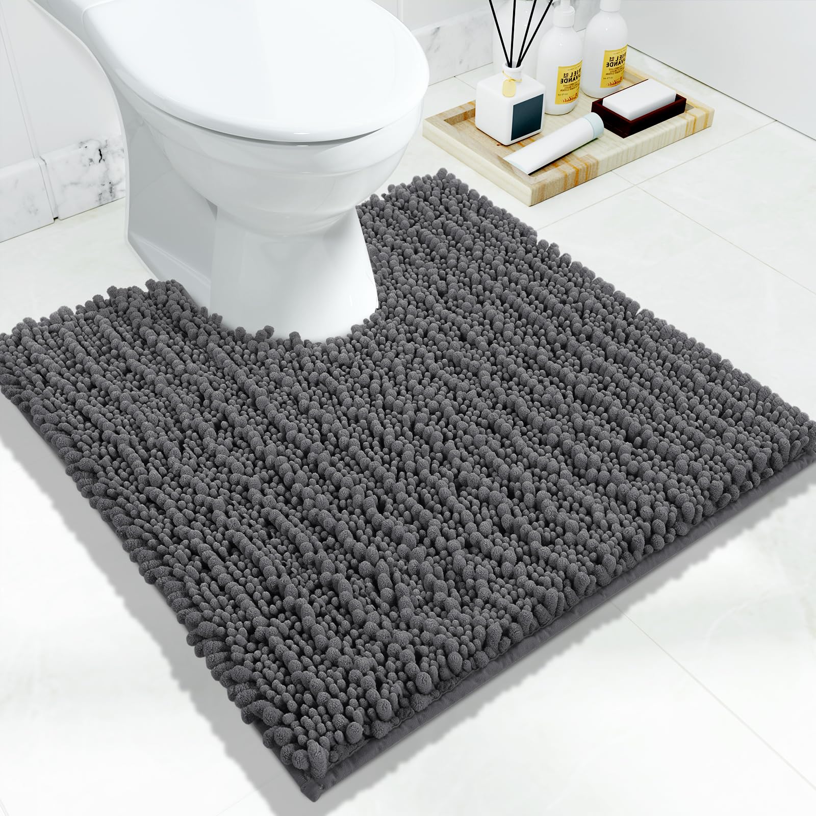 Yimobra Bathroom Rugs Non Slip Washable - Ultra Soft Absorbent Chenille Bath Mat, Quick Dry Shaggy Floor Carpet for Tub Shower, Gray Home Decor Accessories, 24x17 Inch
