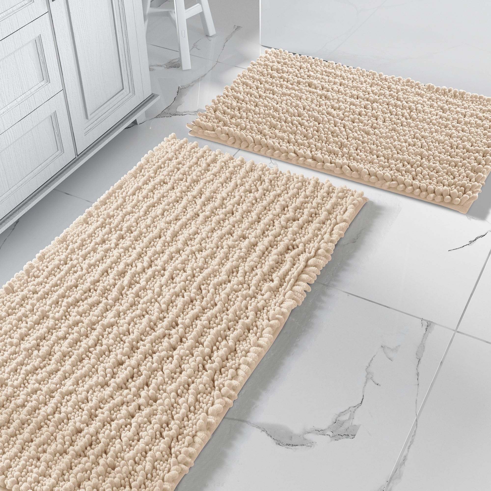 Yimobra Bathroom Rugs Sets 2 Piece - Quick Dry Extra Thick Luxury Chenille Bath Mat, Non Slip Super Absorbent for Tub Shower Sink, Machine Washable Shaggy Floor Mat, 32"x20"+24"x17" Inch, Black