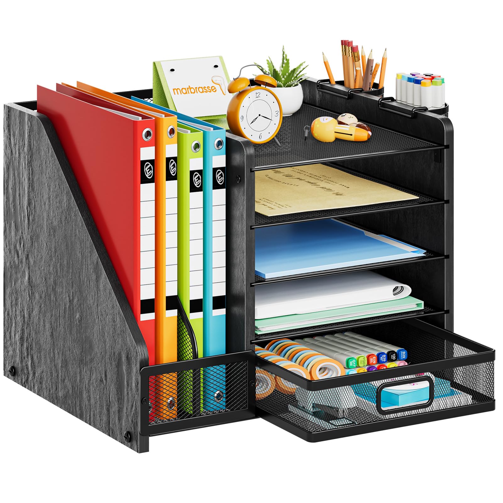 Marbrasse Desk Organizer with File Holder, 5-Tier Paper Letter Tray Organizer with Drawer and 2 Pen Holder, Mesh Desktop Organizer and Storage with Magazine Holder for Office Supplies (Wood-Brown)