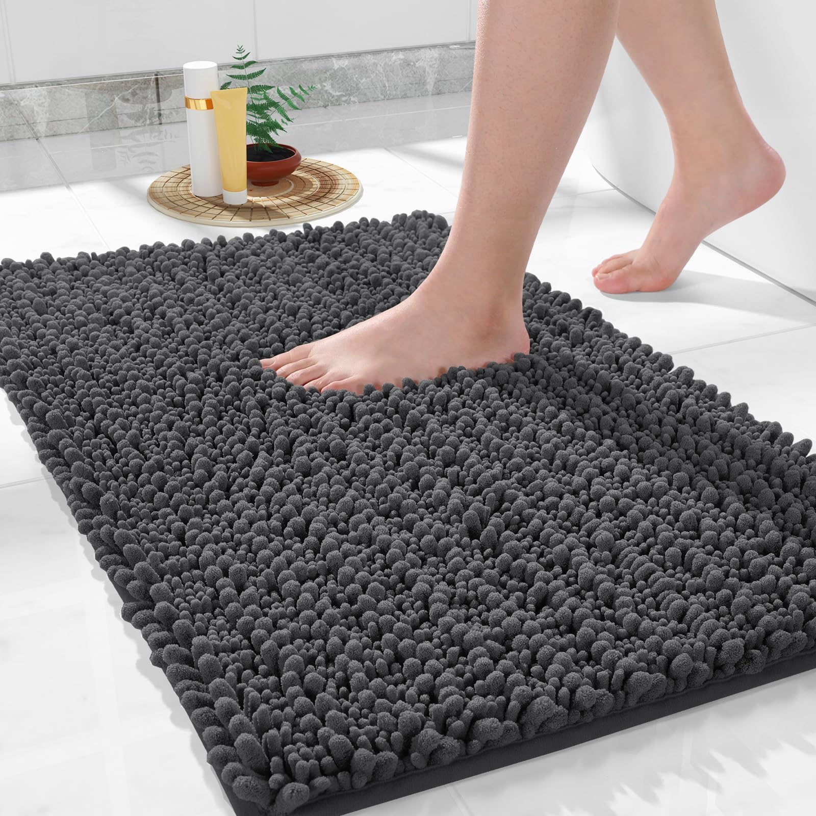 Yimobra Bathroom Rugs Non Slip Washable - Ultra Soft Absorbent Chenille Bath Mat, Quick Dry Shaggy Floor Carpet for Tub Shower, Gray Home Decor Accessories, 24x17 Inch