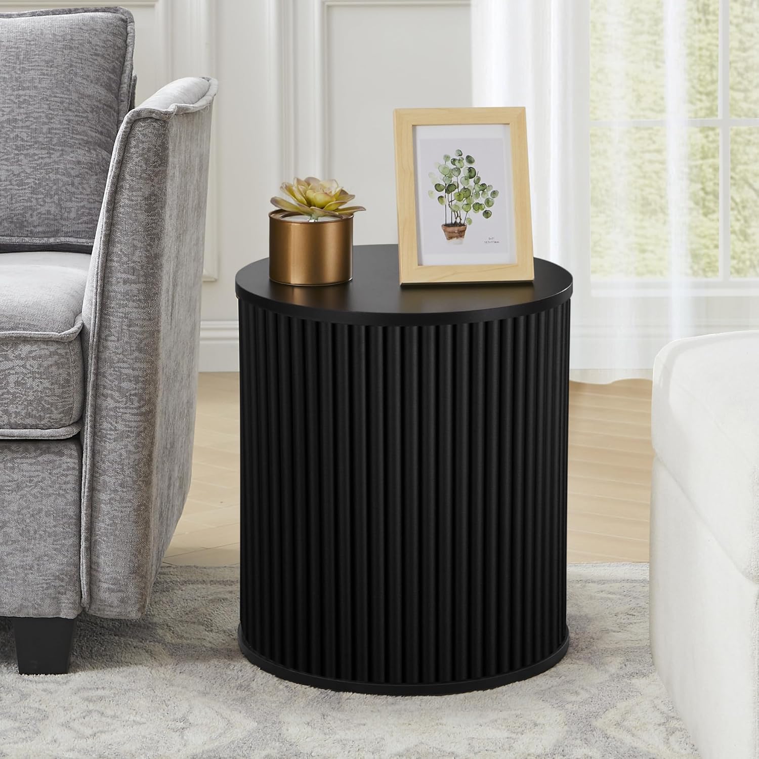 AVZEAR Small Round Side Table Fluted Night Stand Set of 2, Mid Century Modern End Table with Storage, Circle Bedside Tables Wood Nightstands for Small Spaces, Living Room, Bedroom (Black)