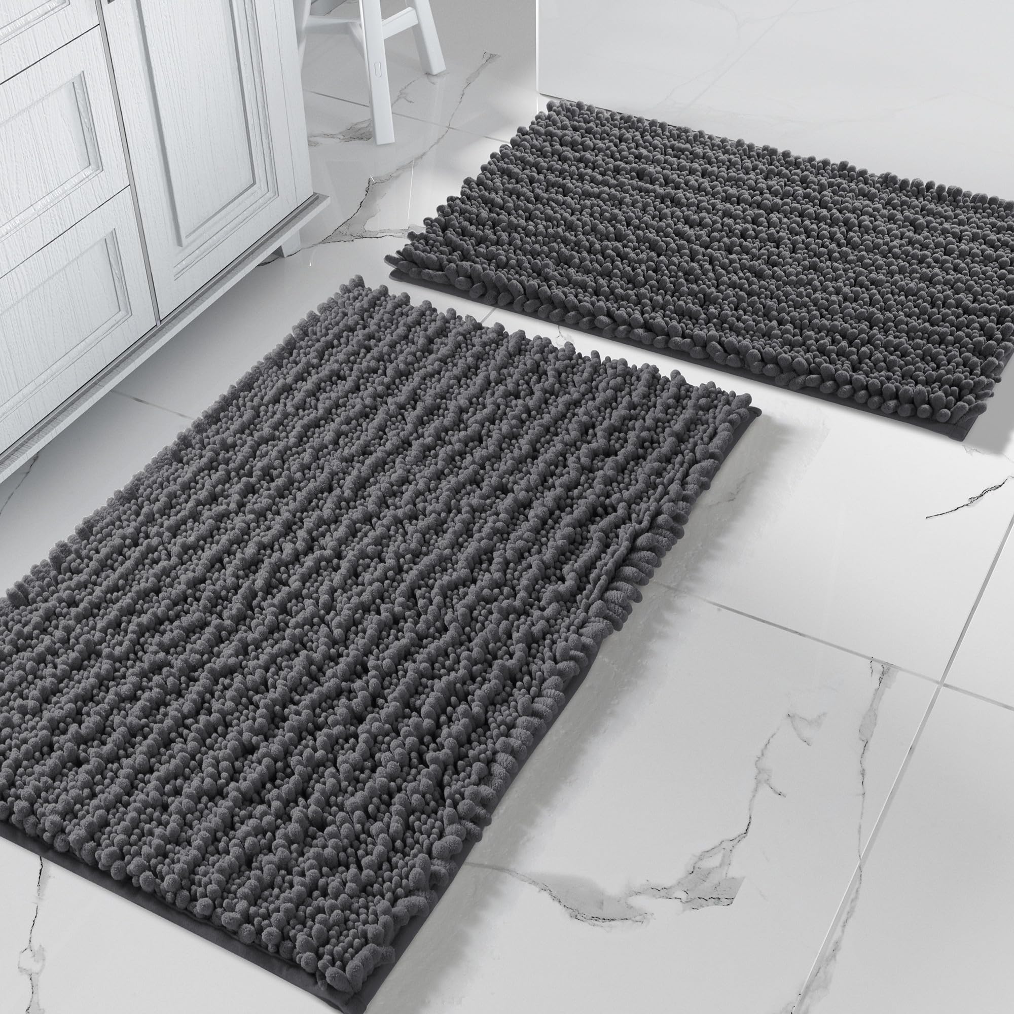 Yimobra Bathroom Rugs Sets 2 Piece - Quick Dry Extra Thick Luxury Chenille Bath Mat, Non Slip Super Absorbent for Tub Shower Sink, Machine Washable Shaggy Floor Mat, 32"x20"+24"x17" Inch, Black