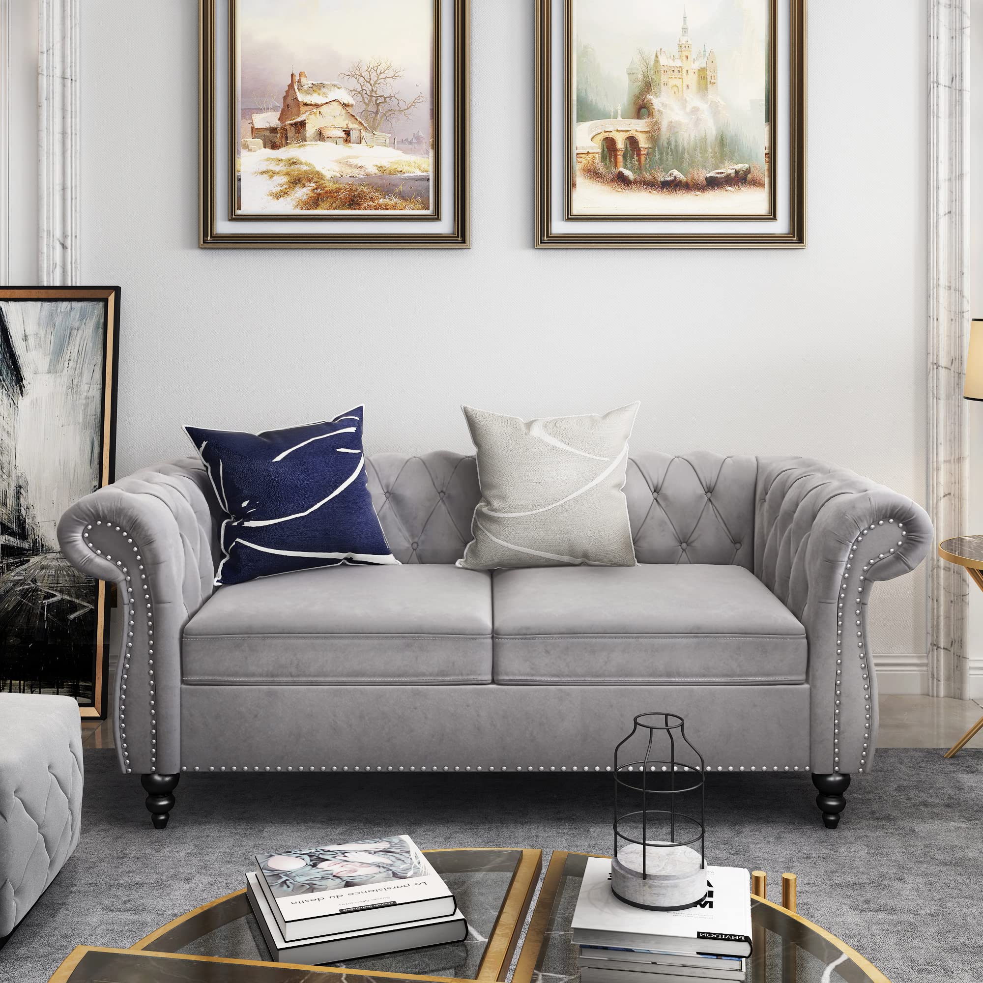ORRD Chesterfield Loveseat, Modern Velvet Sofa Tufted Couch 2 Seater with Scroll Arms and Nailhead for Living Room, Bedroom, Office, Apartment (Beige)